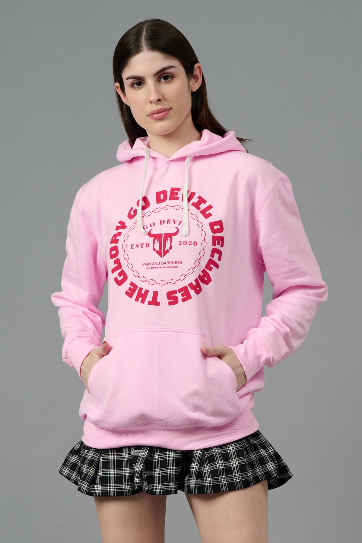 Go Devil Logo Printed Pink Hoodie for Women