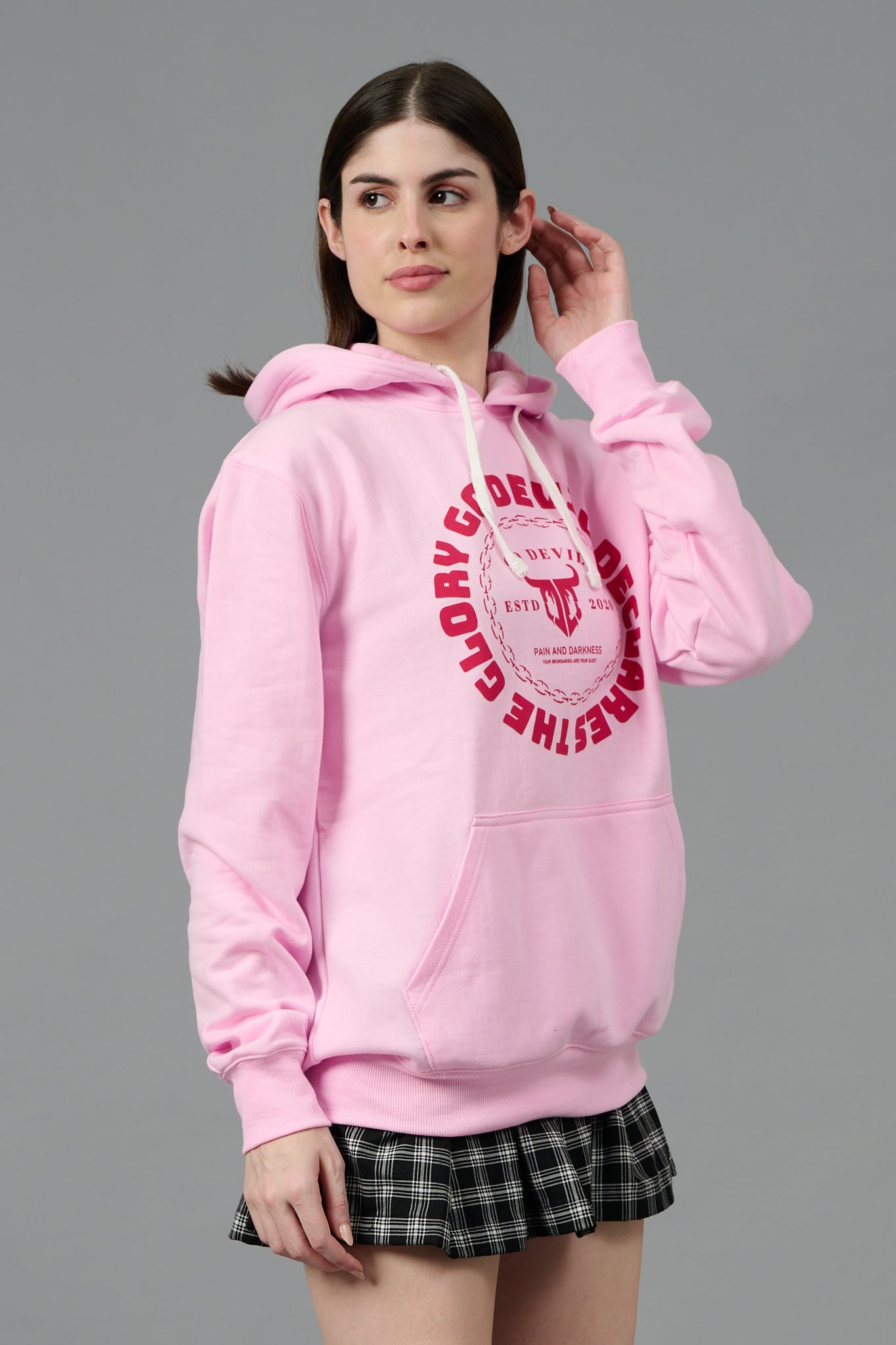 Go Devil Logo Printed Pink Hoodie for Women