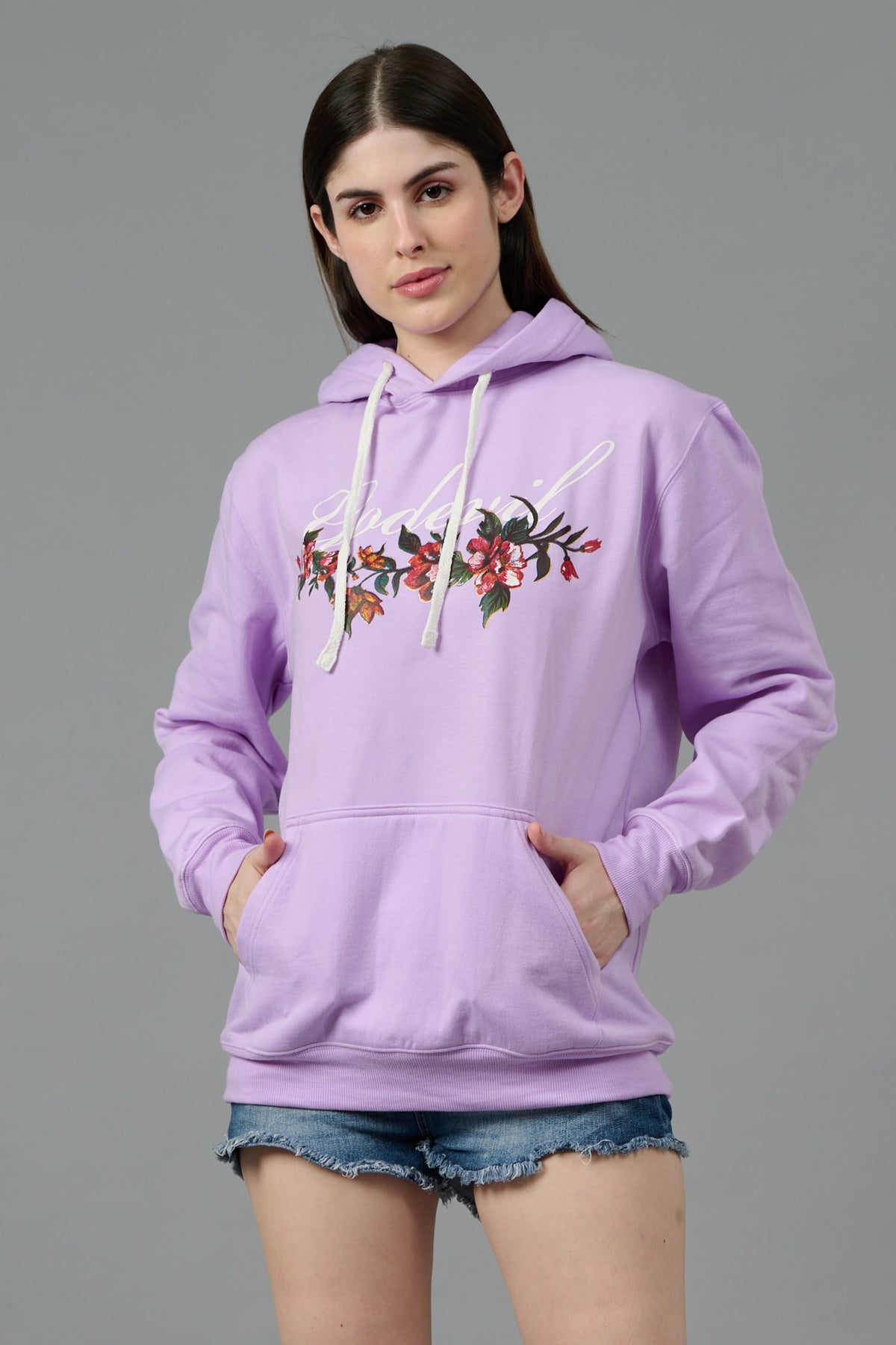 Go Devil with Flower Printed Purple Hoodie for Women