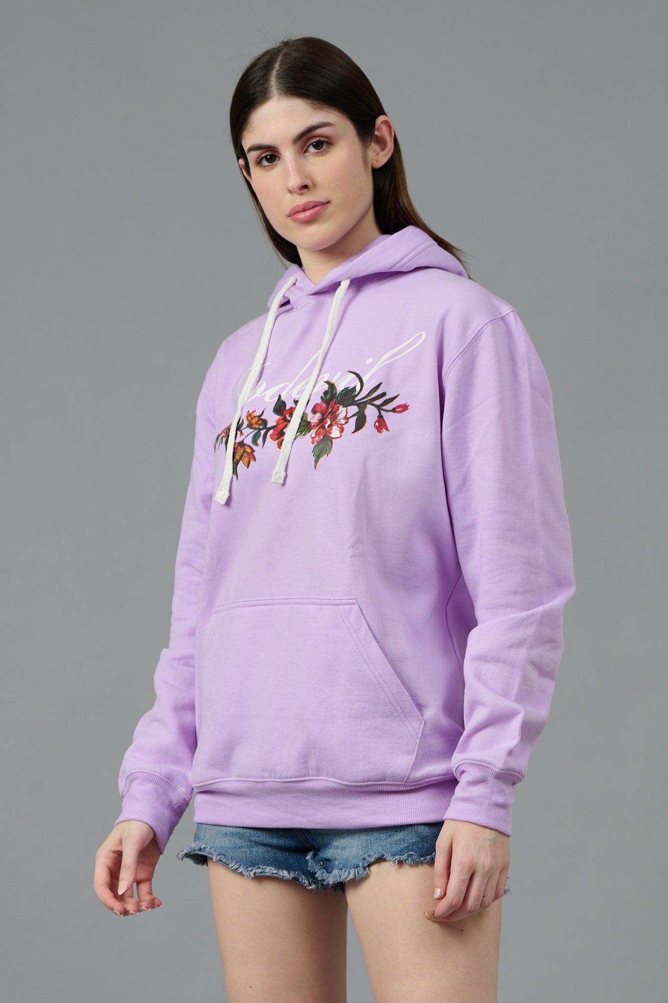 Go Devil with Flower Printed Purple Hoodie for Women