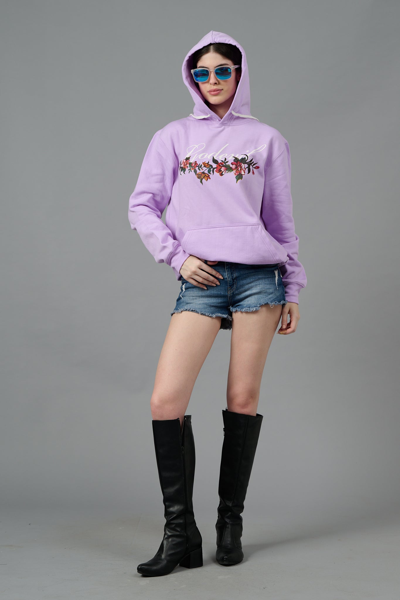 Go Devil with Flower Printed Purple Hoodie for Women