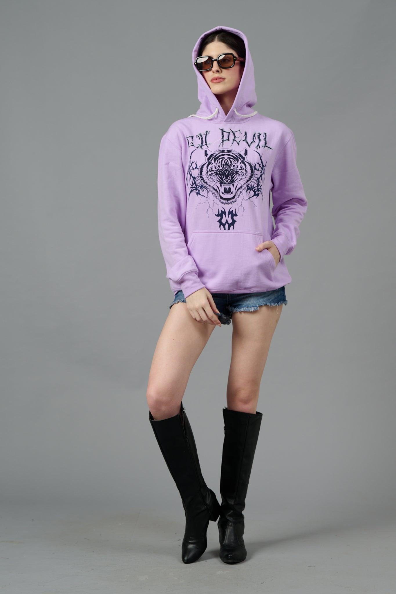 Go Devil (Tiger) Printed Purple Hoodie for Women