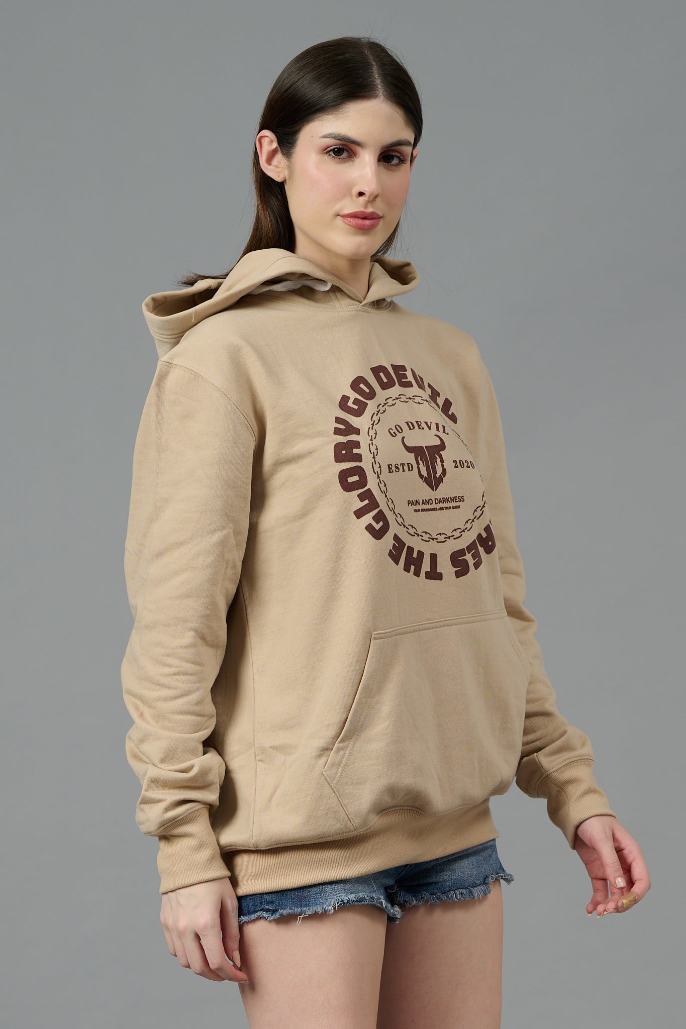 Go Devil Logo Printed Ivory Hoodie for Women