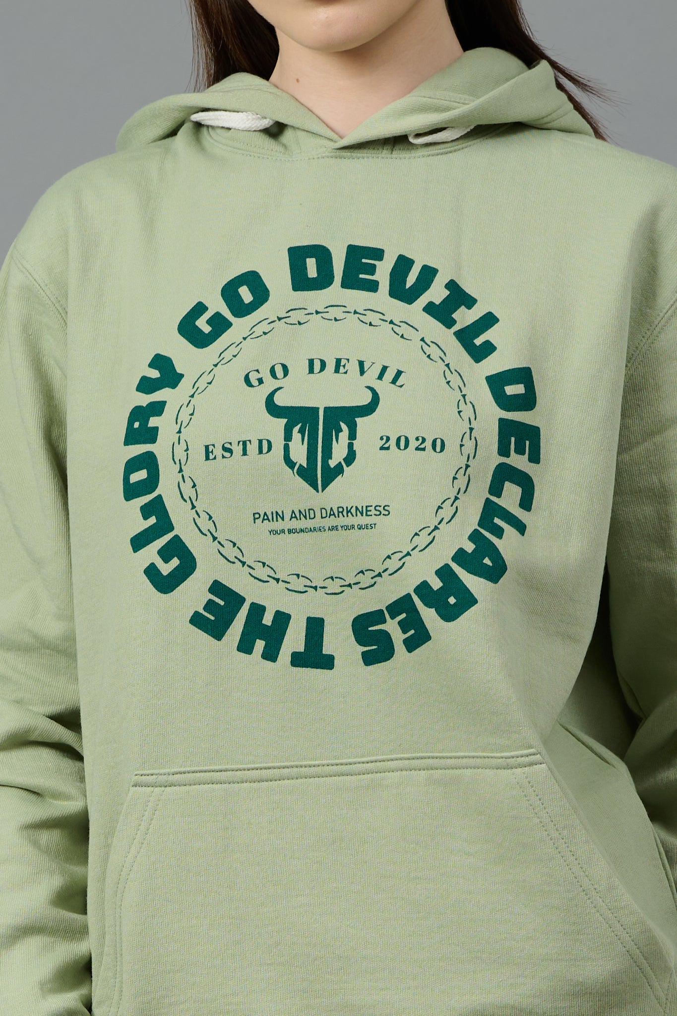 Go Devil Logo Printed Green Hoodie for Women