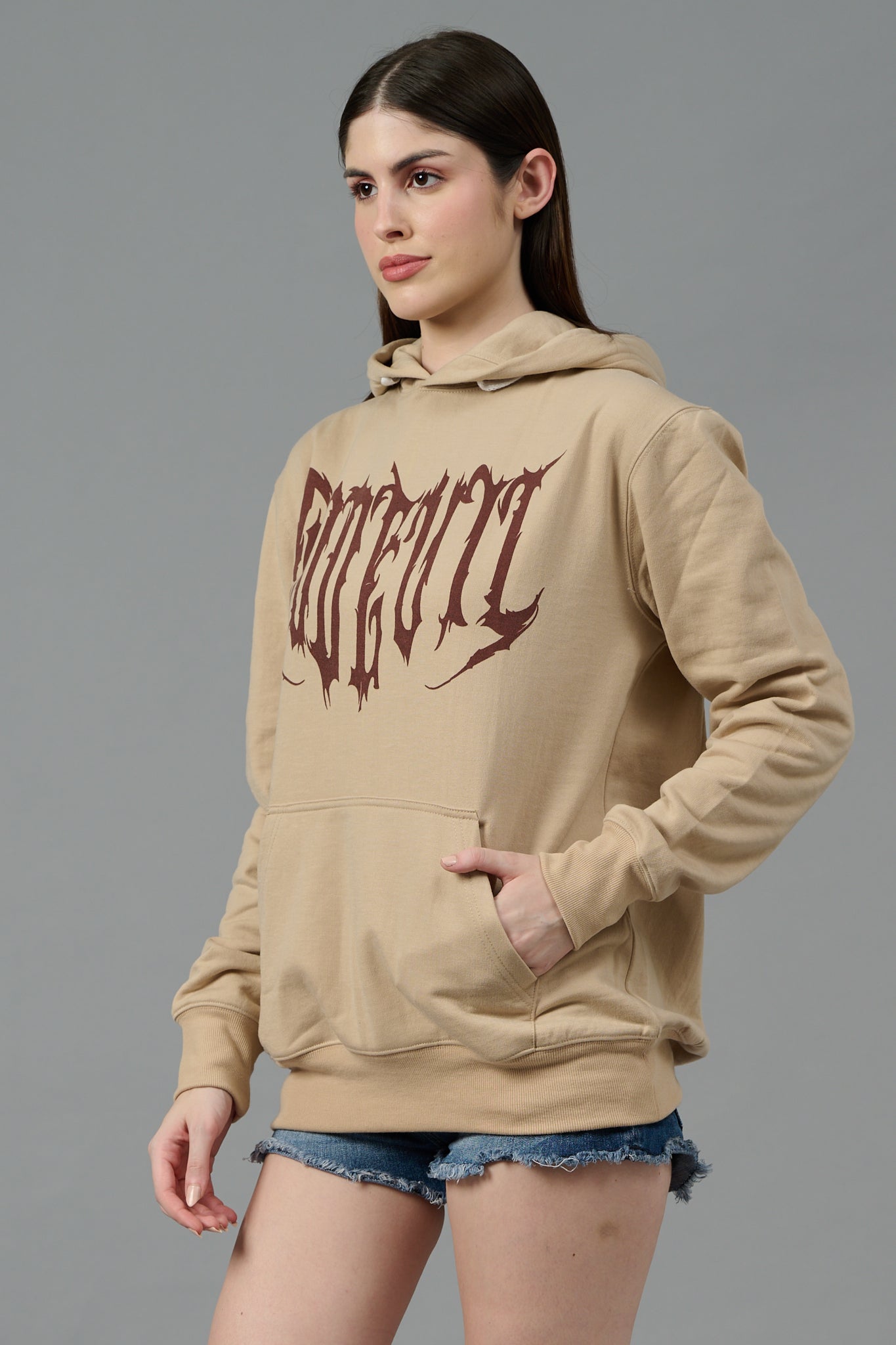 Designer Go Devil Printed Beige Hoodie for Women