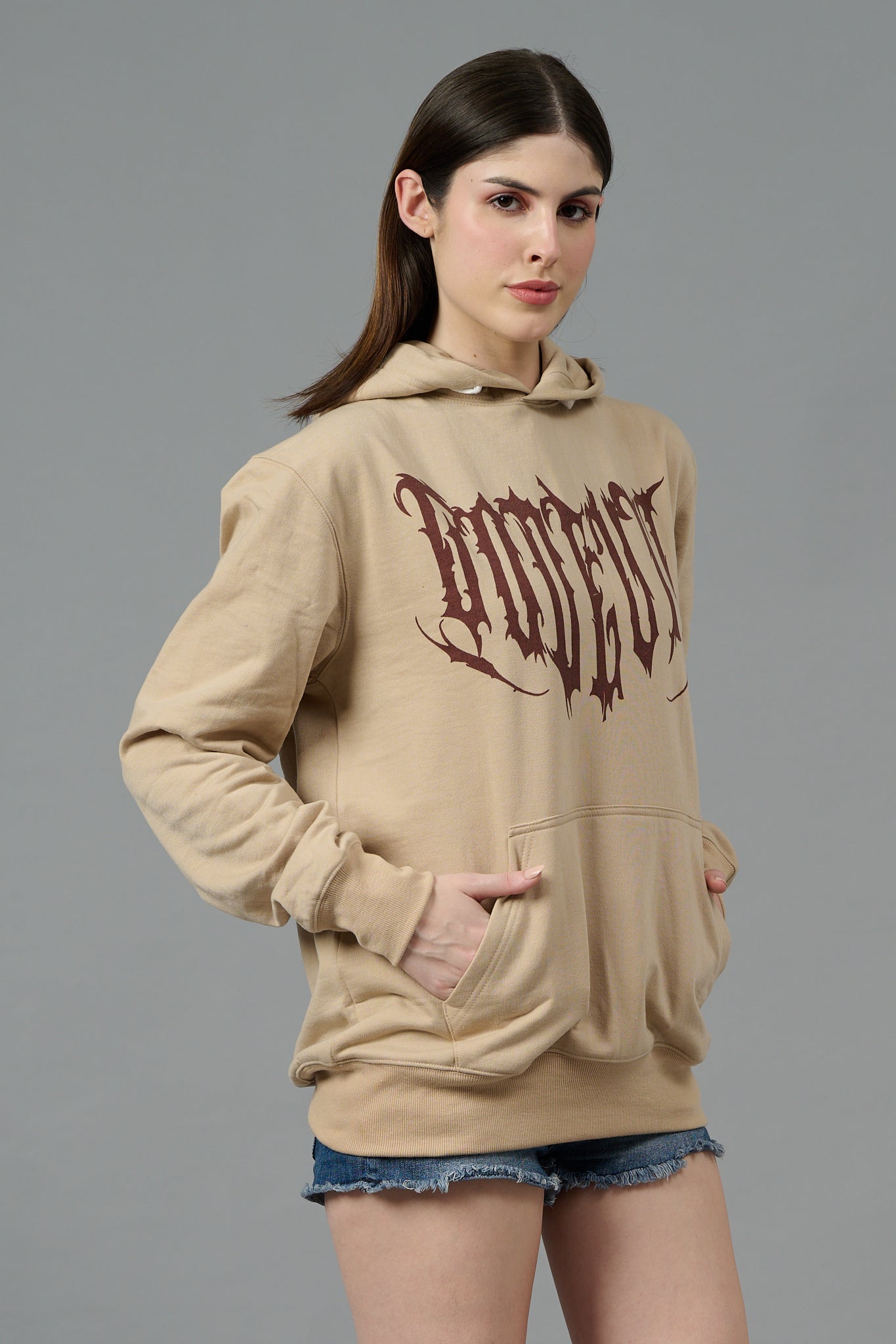 Designer Go Devil Printed Beige Hoodie for Women