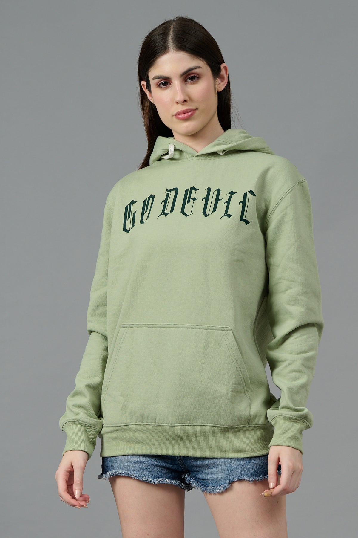 Go Devil Back Dice Printed Green Hoodie for Women