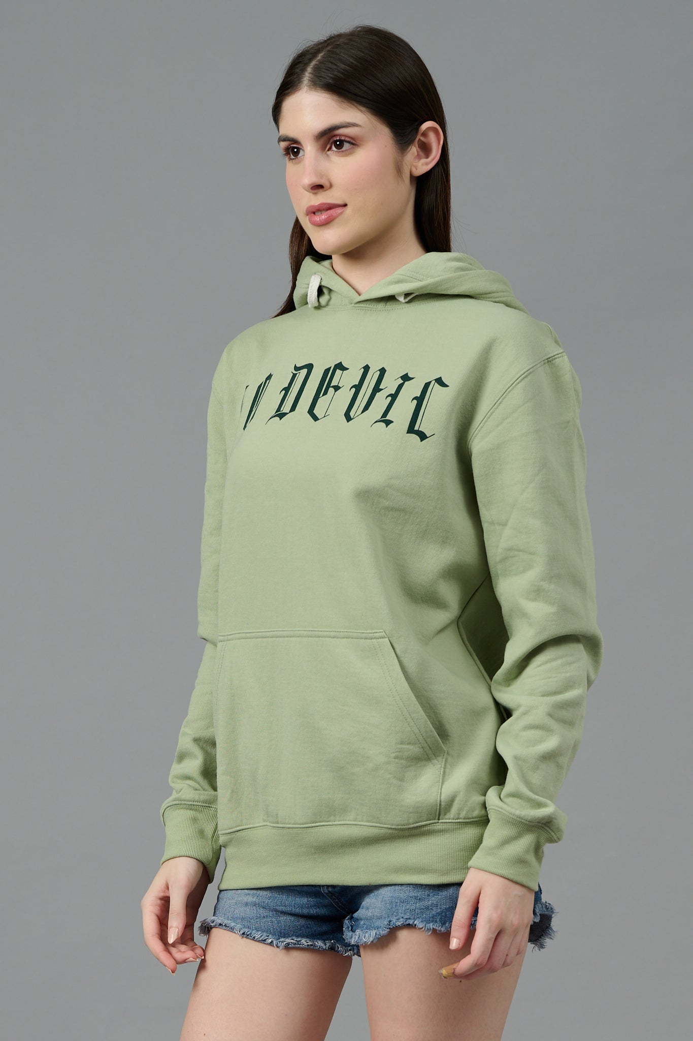 Go Devil Back Dice Printed Green Hoodie for Women