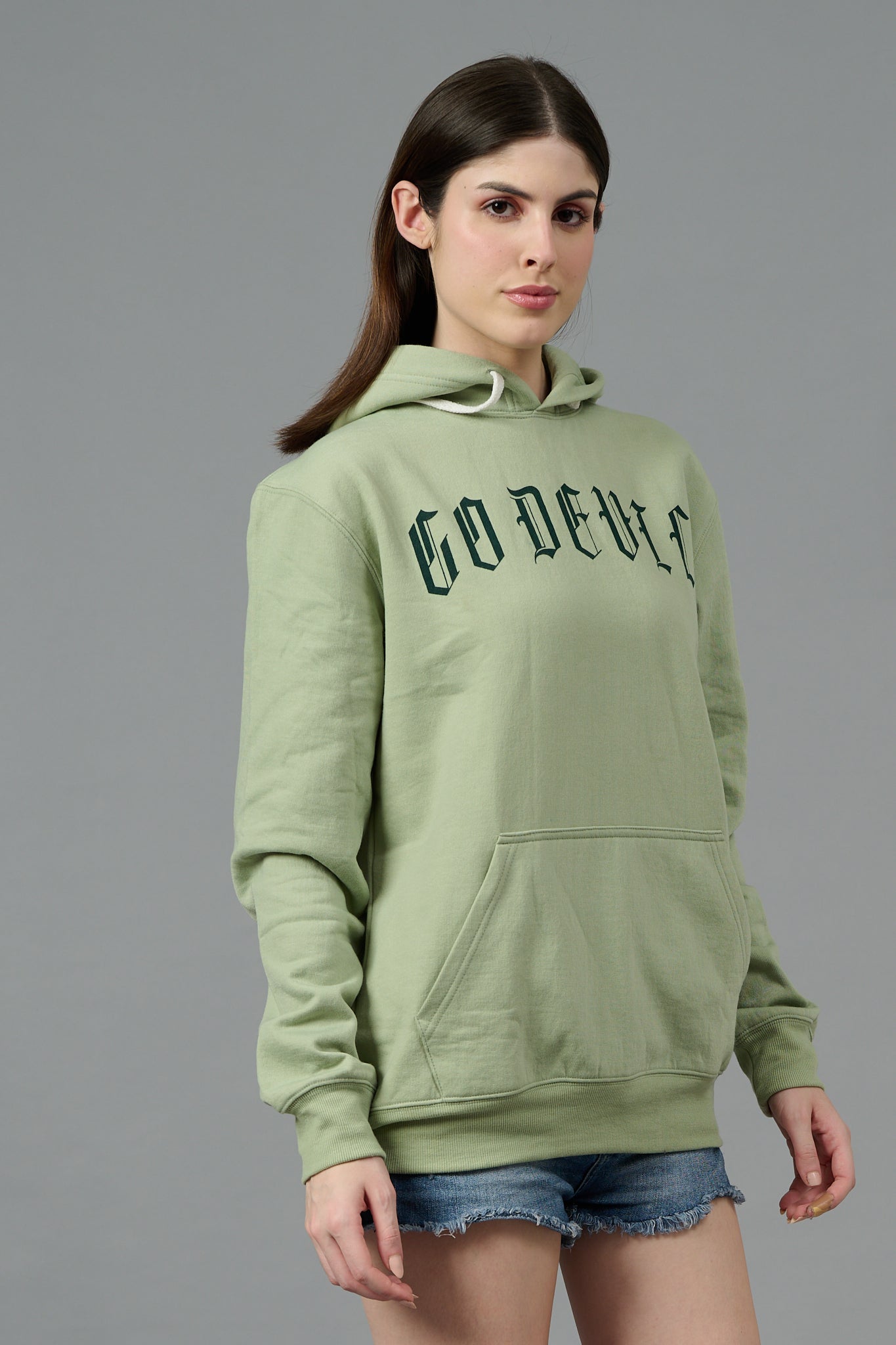 Go Devil Back Dice Printed Green Hoodie for Women