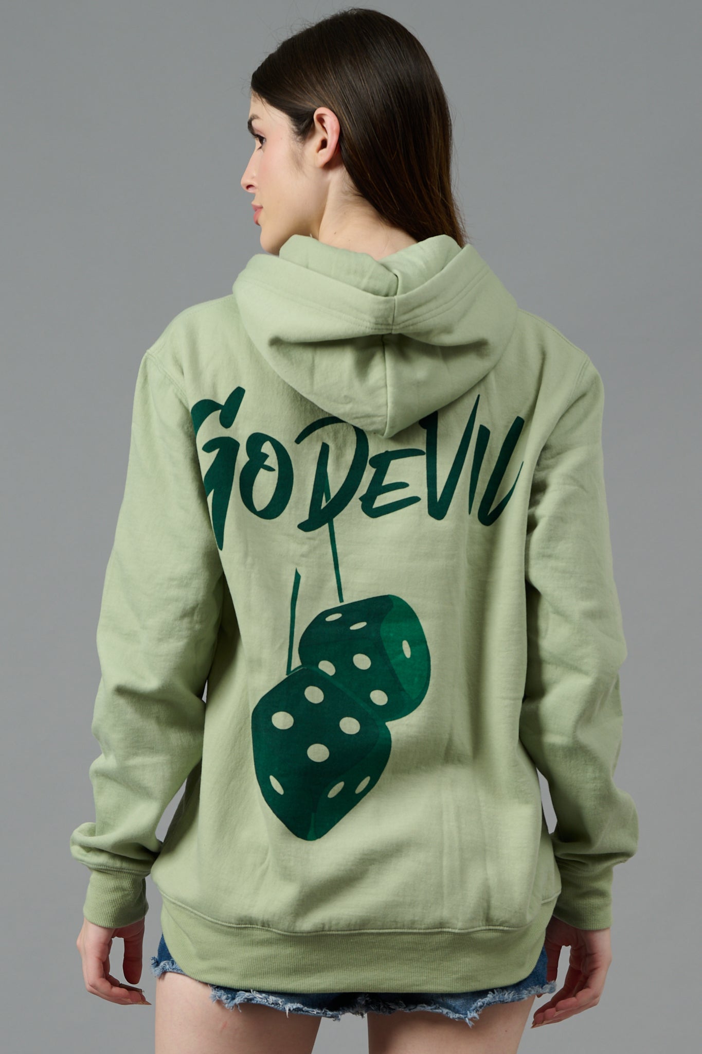 Go Devil Back Dice Printed Green Hoodie for Women