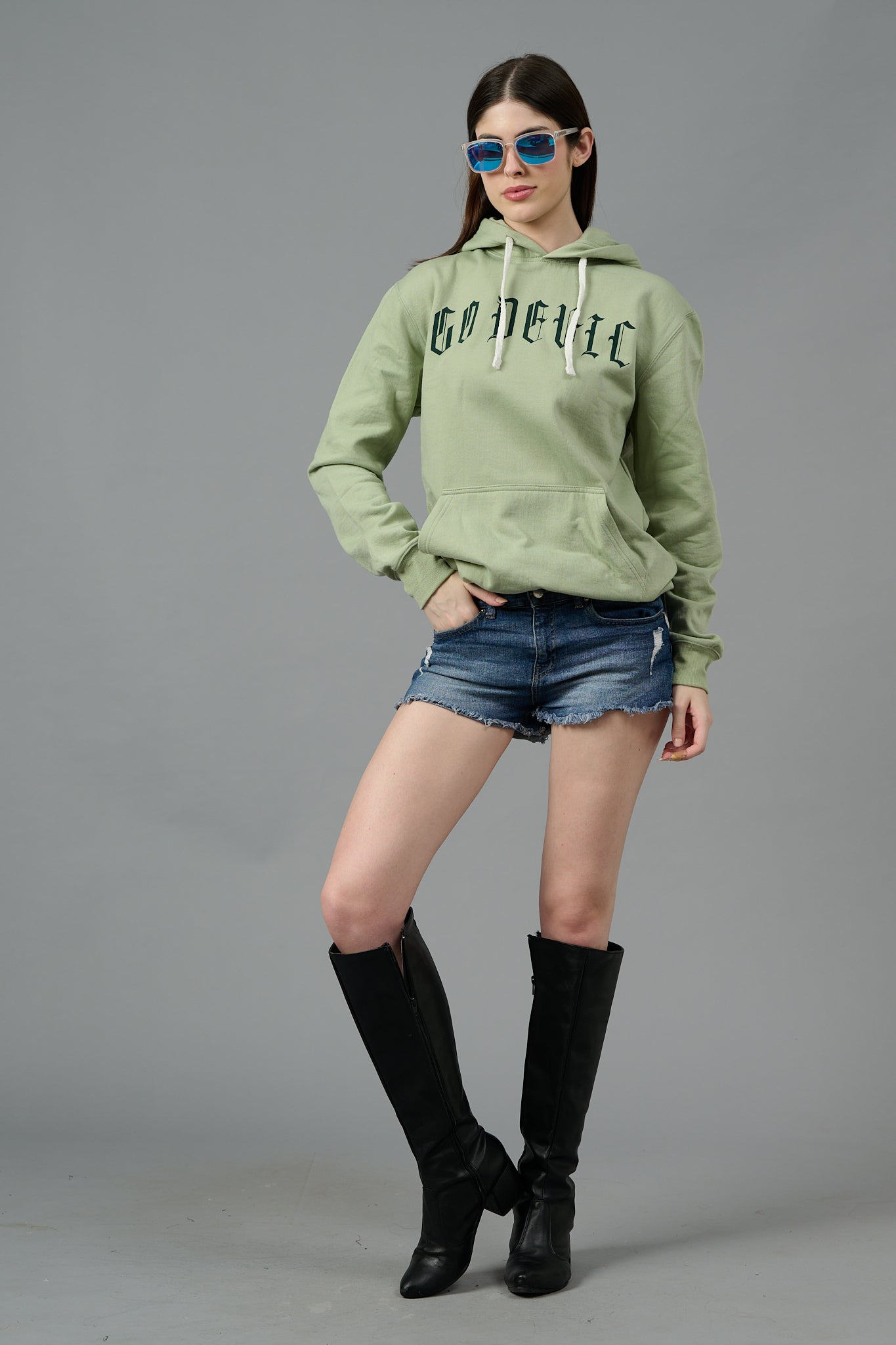 Go Devil Back Dice Printed Green Hoodie for Women