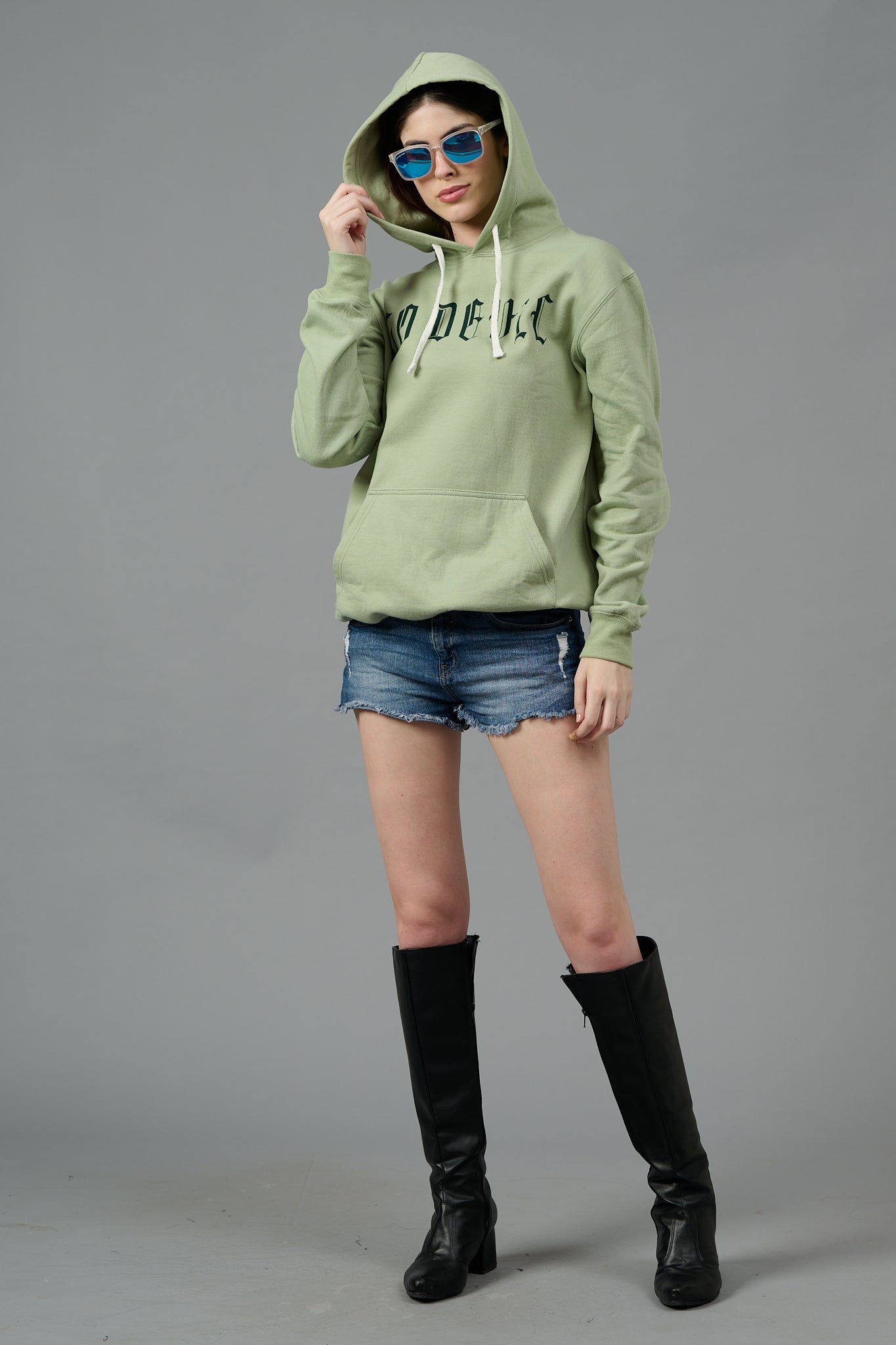 Go Devil Back Dice Printed Green Hoodie for Women