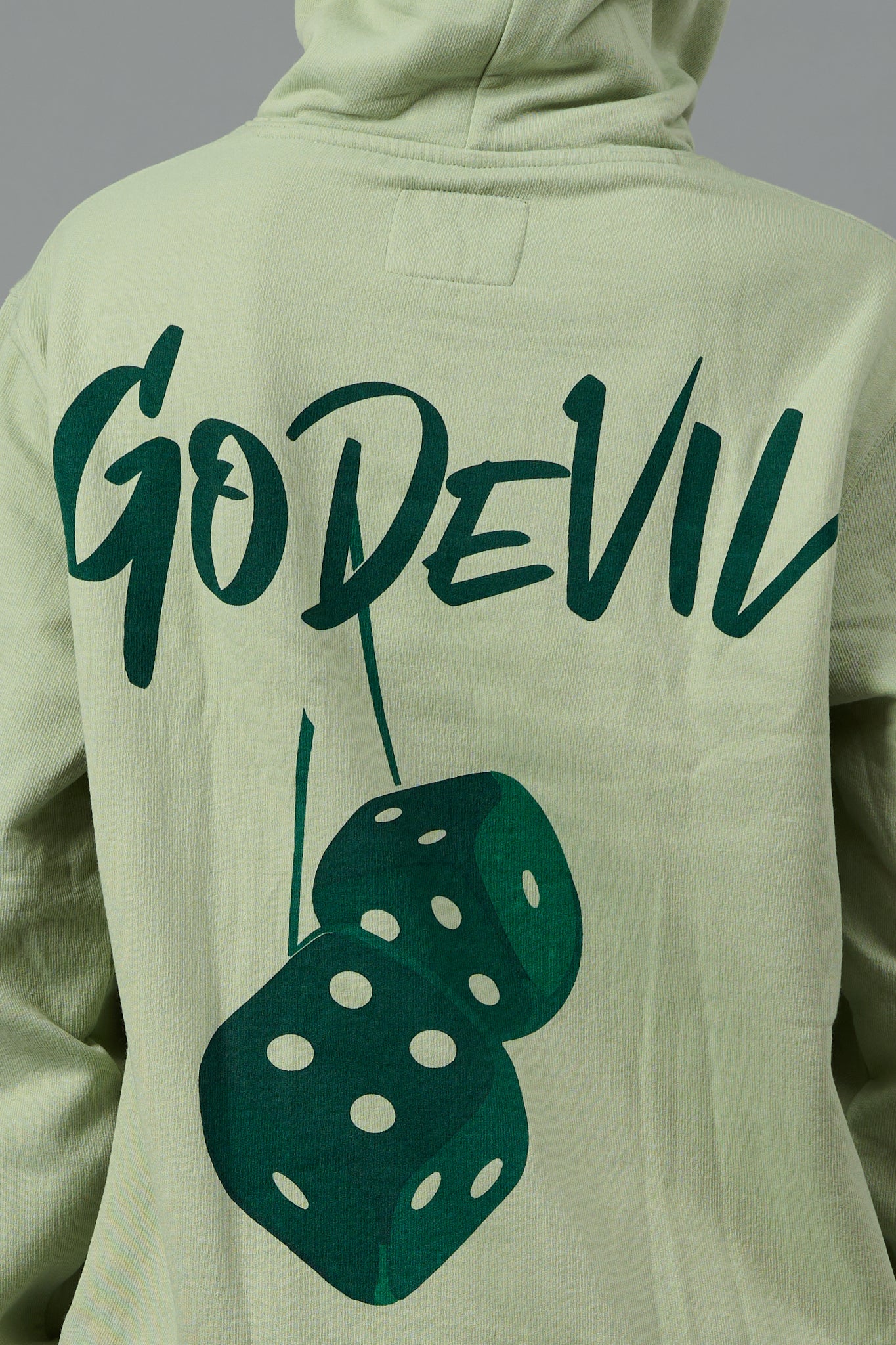 Go Devil Back Dice Printed Green Hoodie for Women