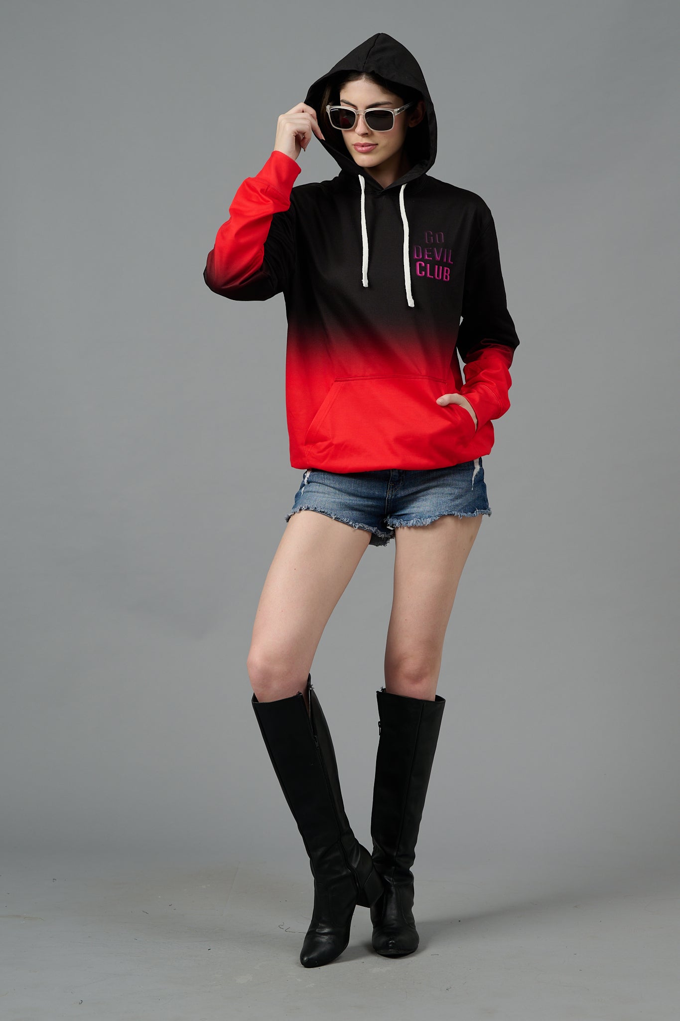 Go Devil Club Printed Black & Red Hoodie for Women