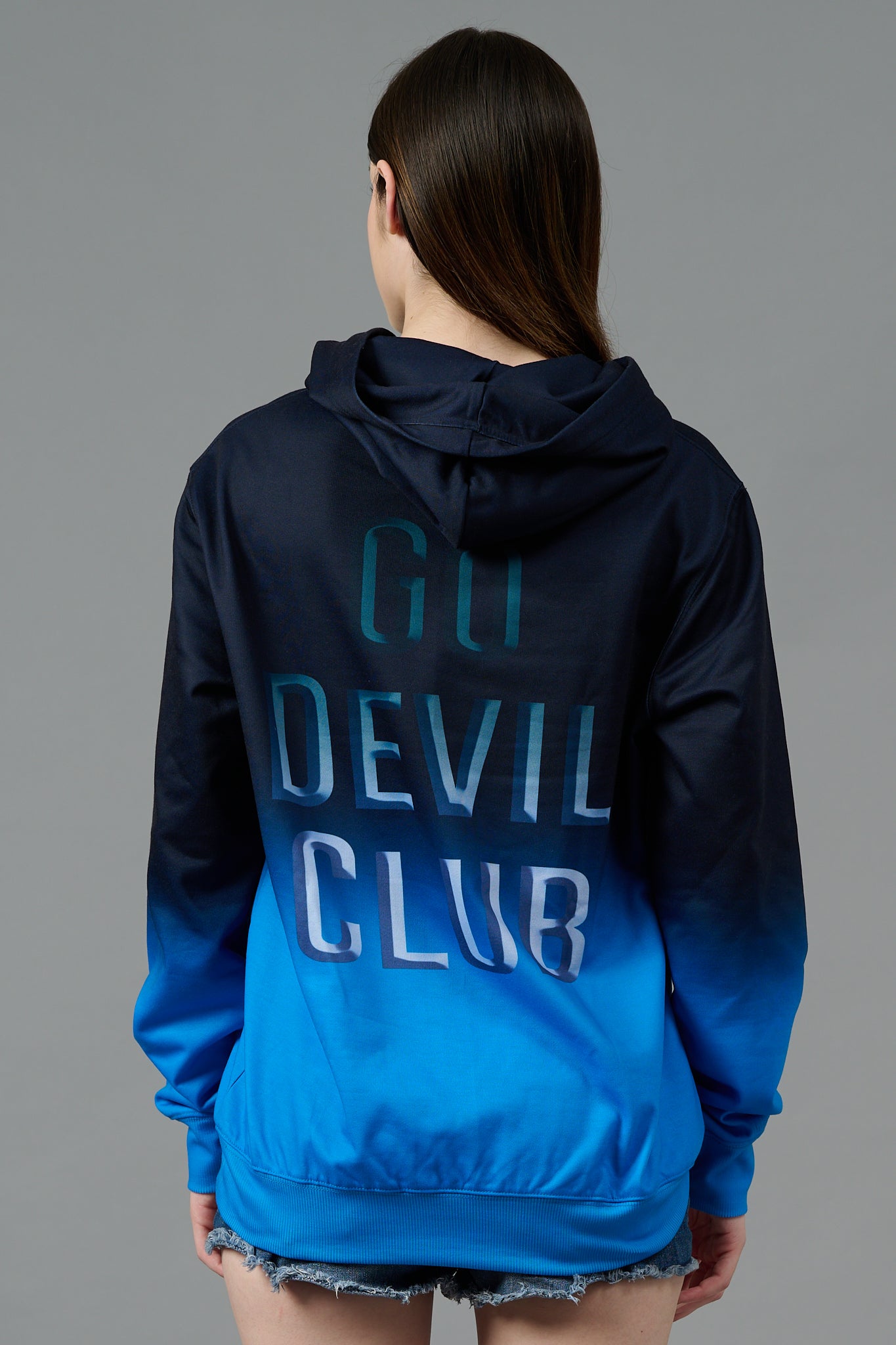 Go Devil Club Printed Black & Blue Hoodie for Women