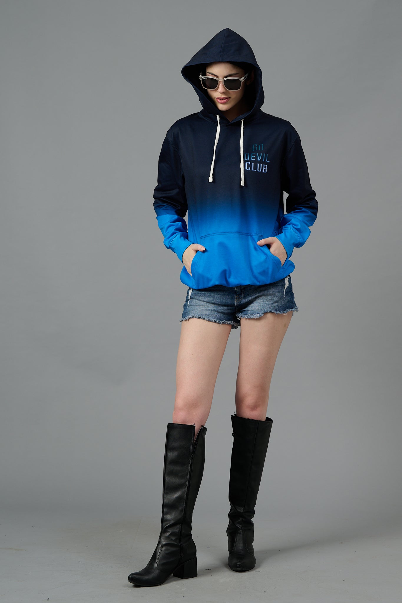 Go Devil Club Printed Black & Blue Hoodie for Women