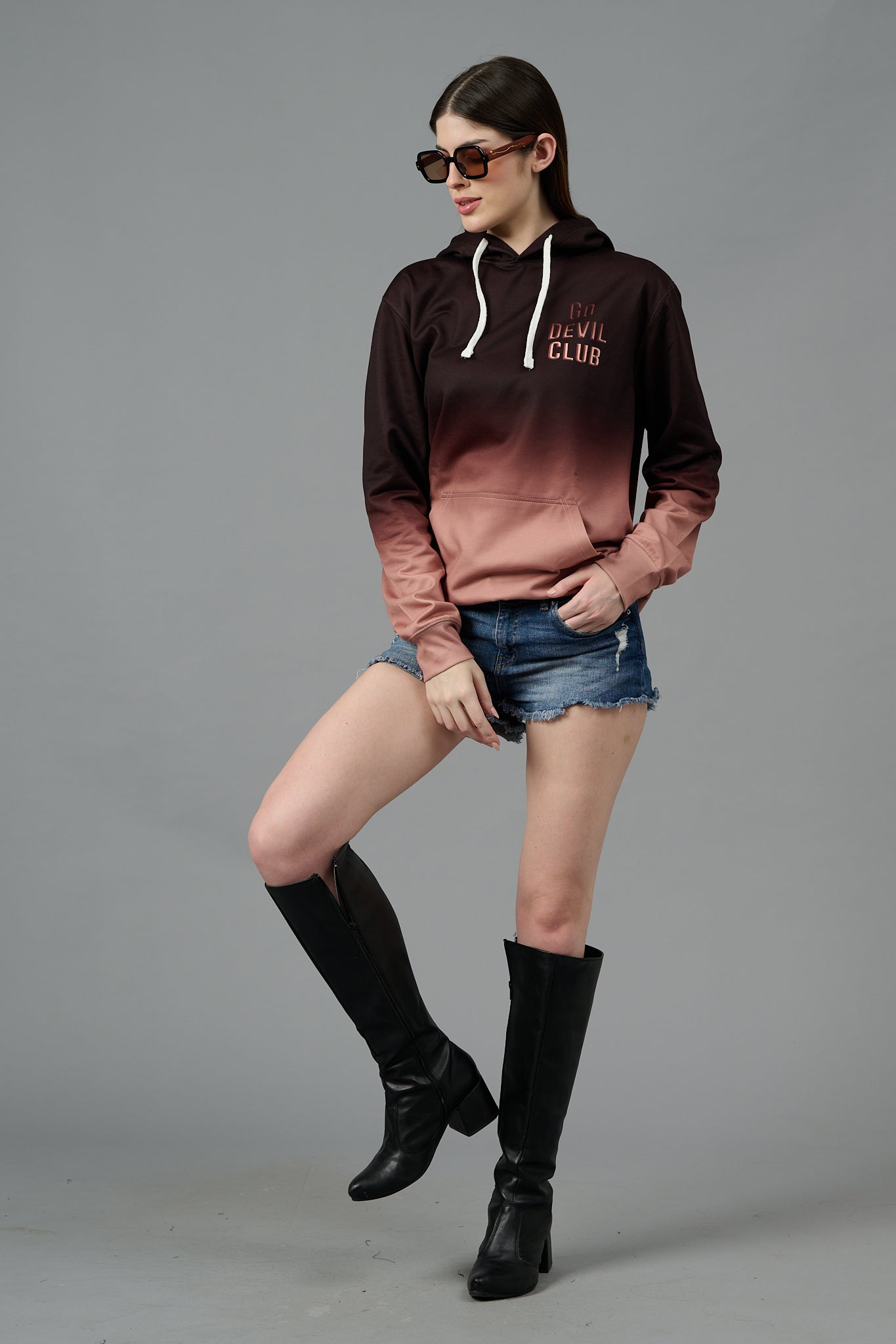 Go Devil Club Printed Rose Gold & Brown Hoodie for Women