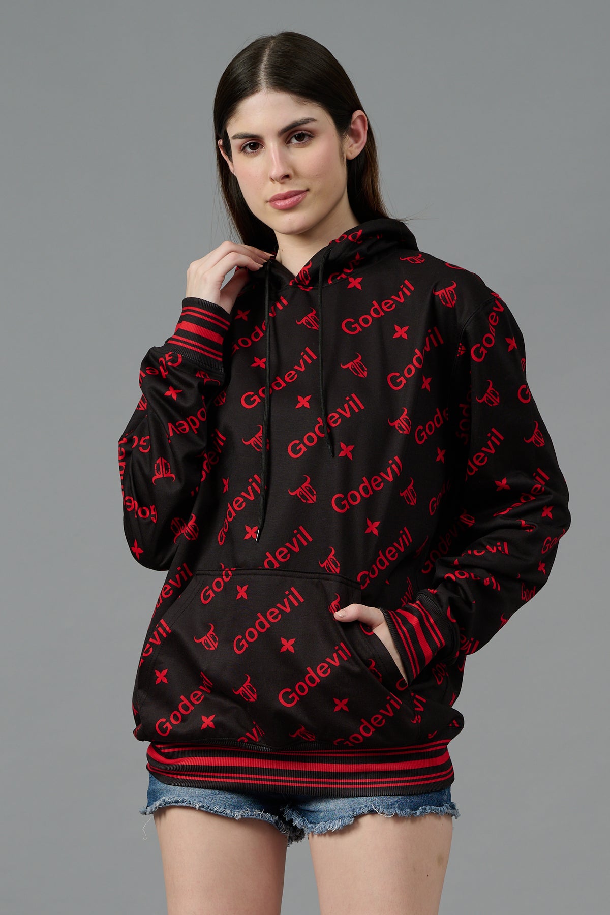 Go Devil All Over Print Red Black Hoodie for Women