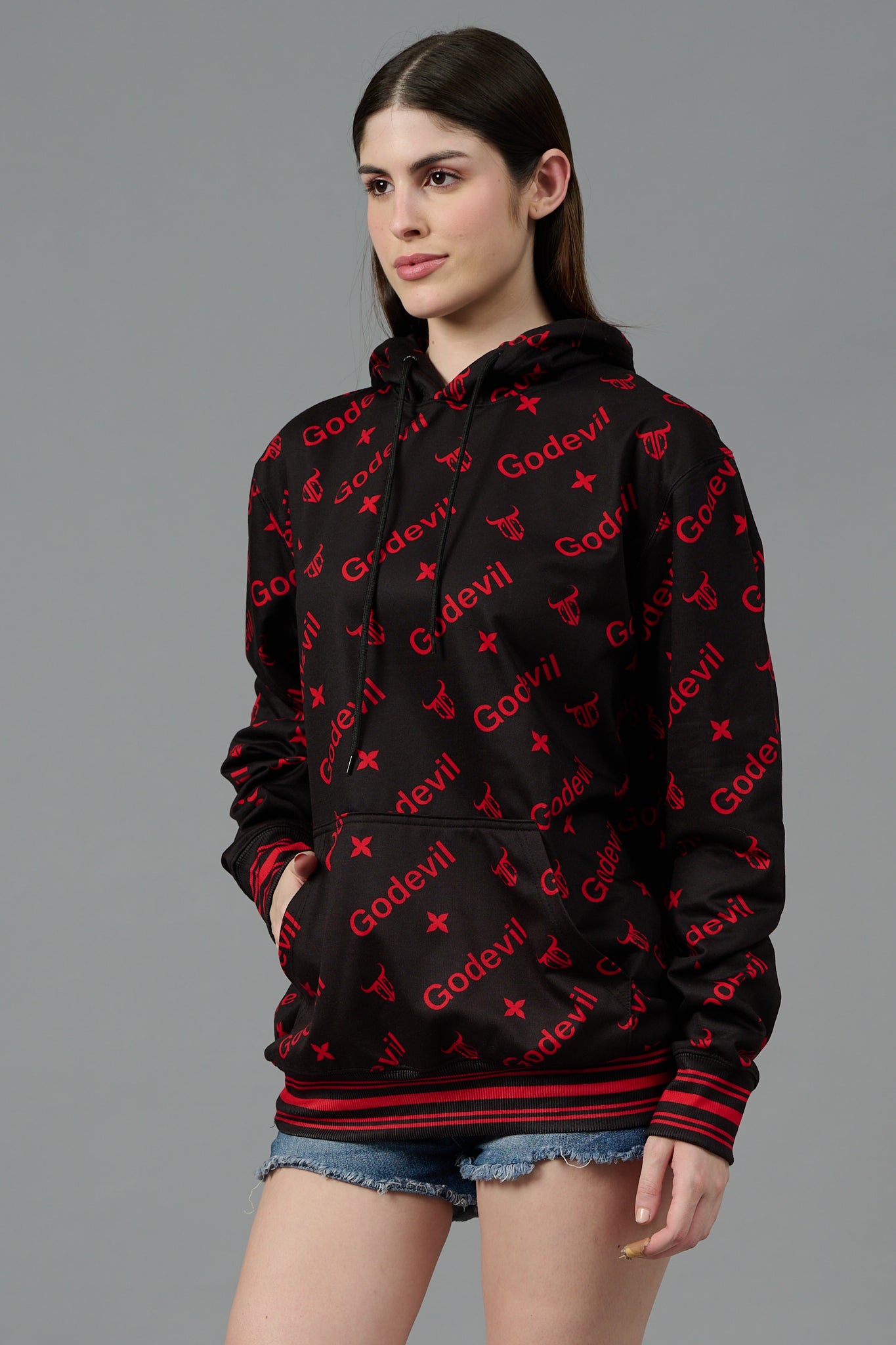 Go Devil All Over Print Red Black Hoodie for Women