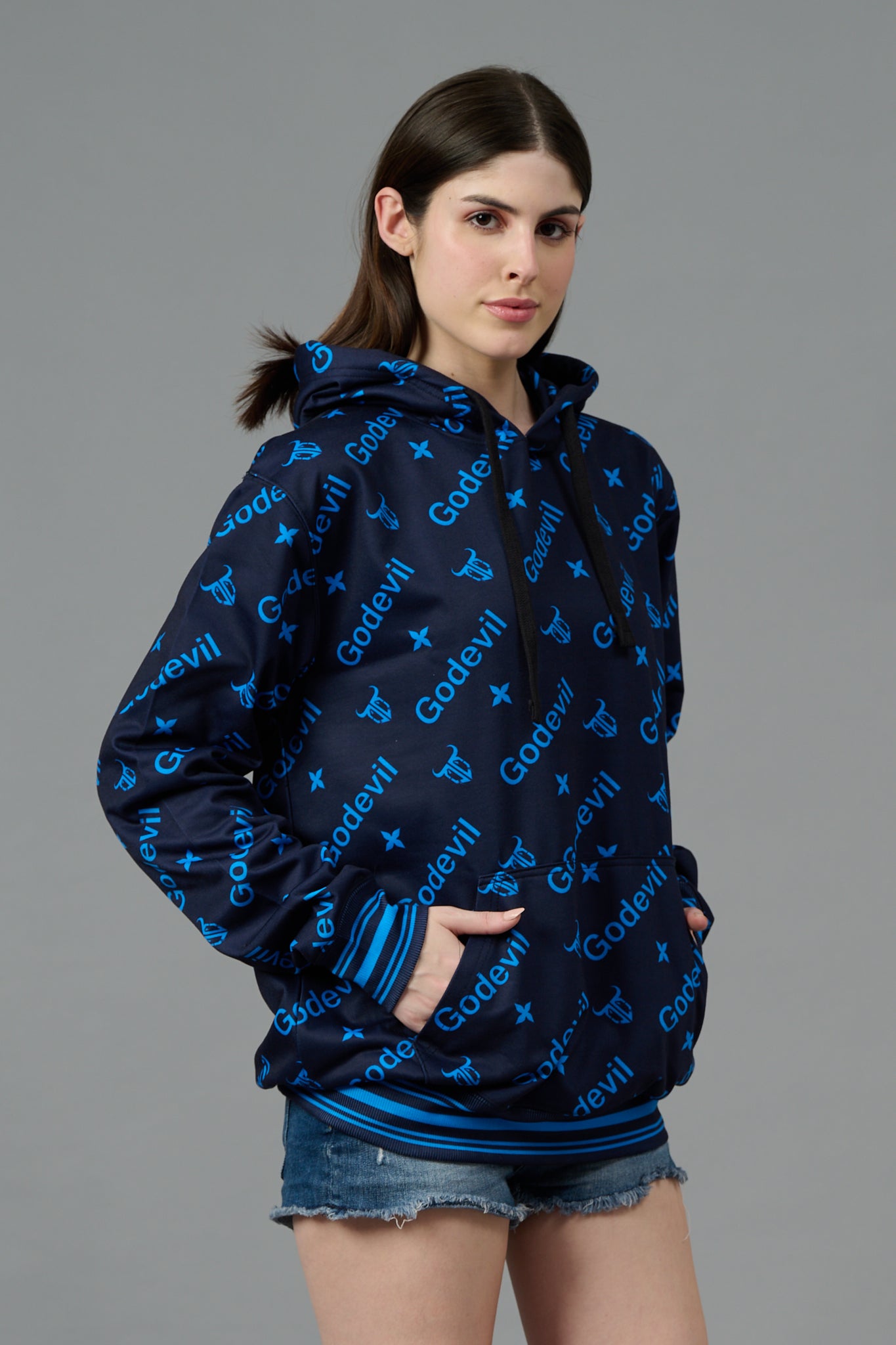 Go Devil All Over Print Blue Printed Black Hoodie for Women