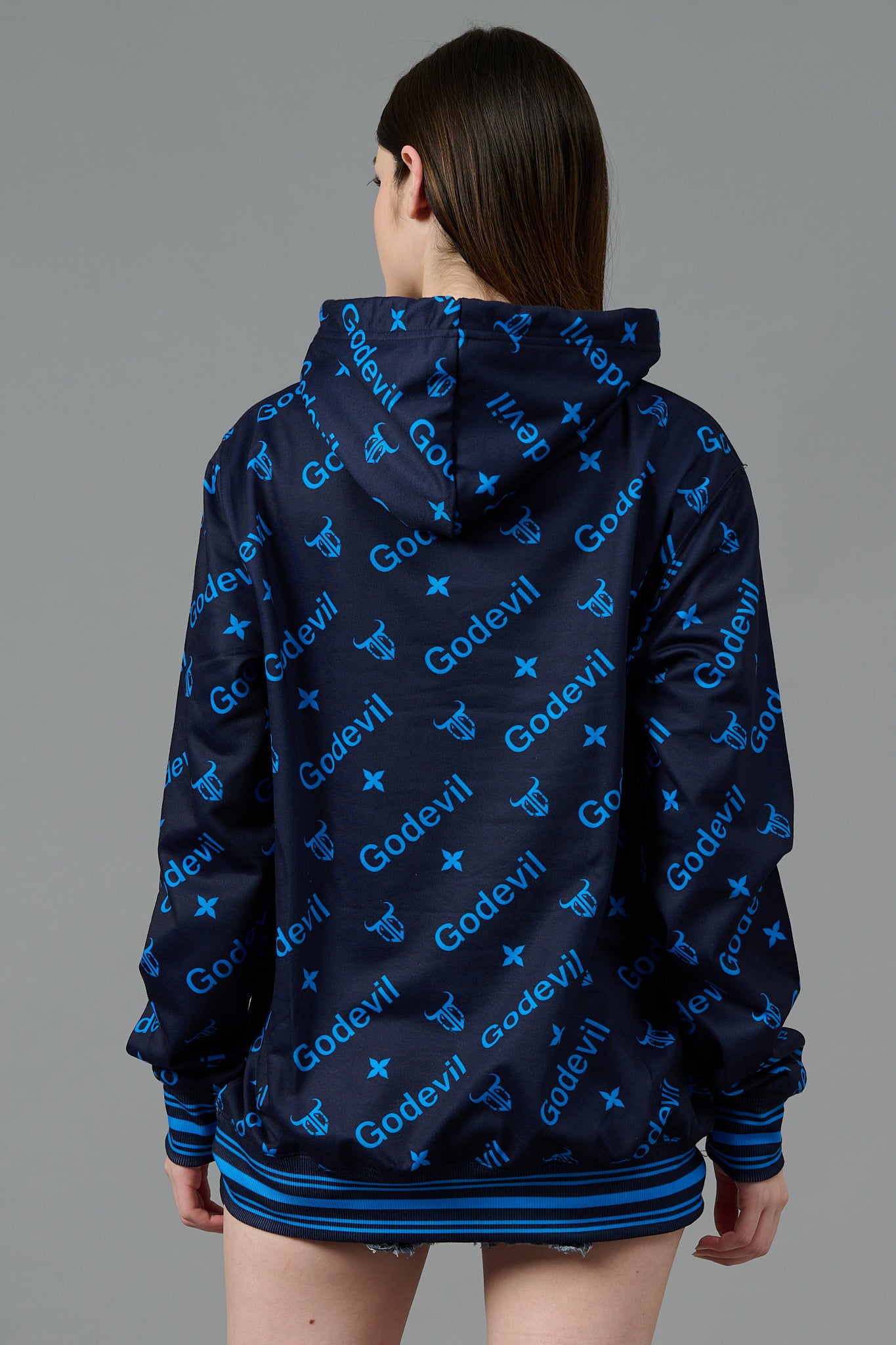 Go Devil All Over Print Blue Printed Black Hoodie for Women