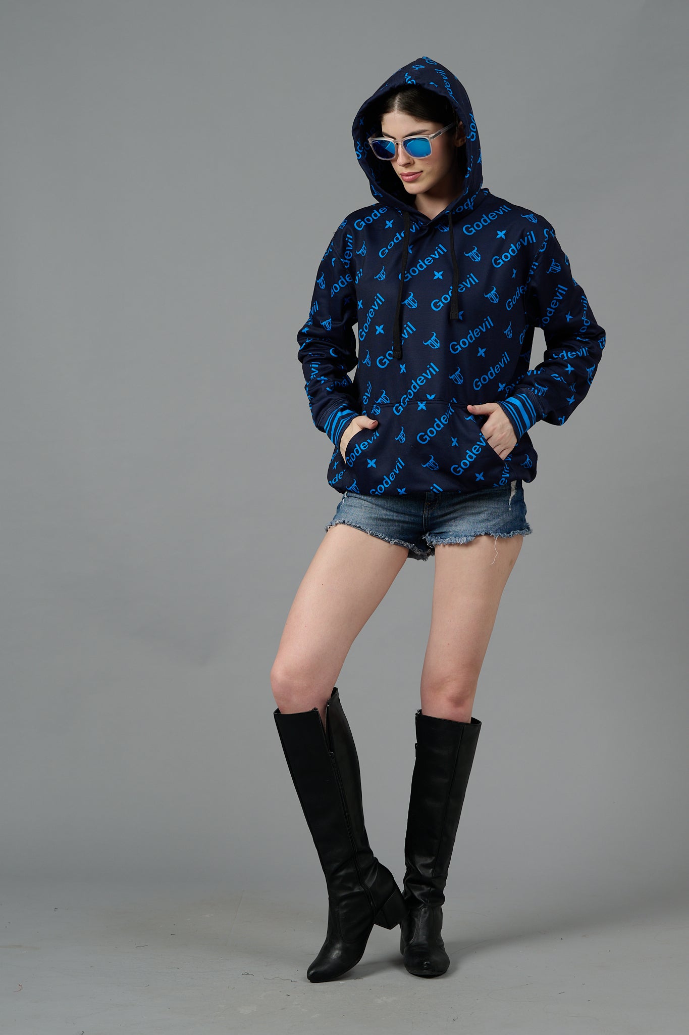 Go Devil All Over Print Blue Printed Black Hoodie for Women