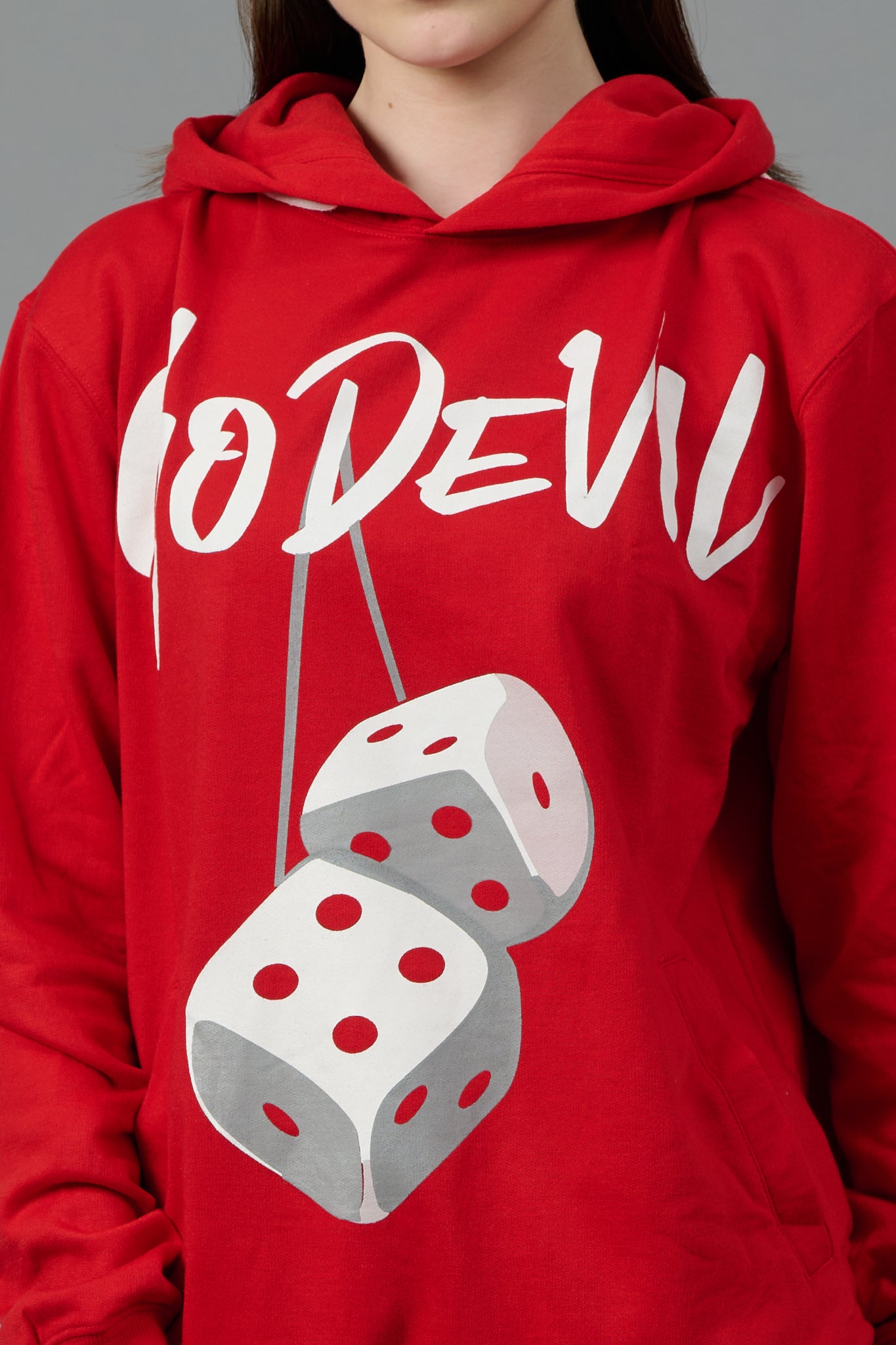 Go Devil Dice Printed Red Hoodie for Women