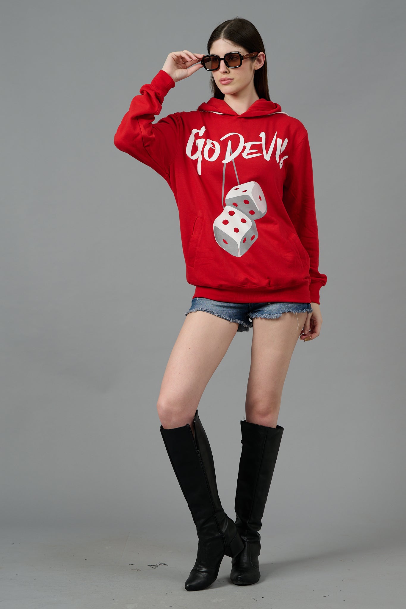 Go Devil Dice Printed Red Hoodie for Women