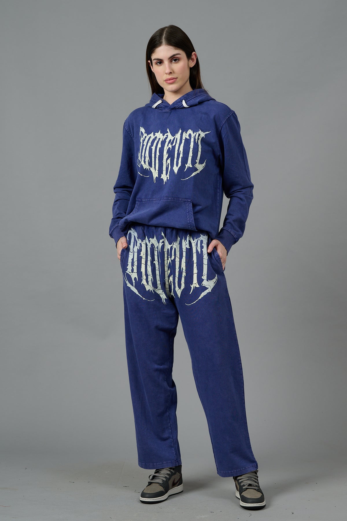 Go Devil Acid Wash Blue Hooded Co-ords Set for Women