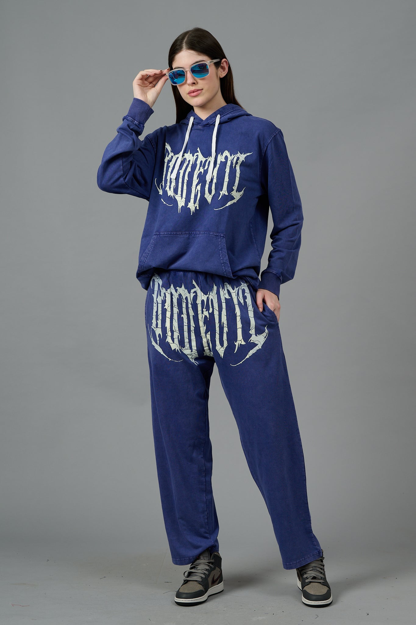 Go Devil Acid Wash Blue Hooded Co-ords Set for Women