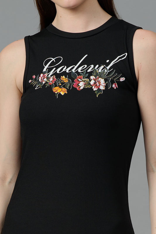 Go Devil with Flower Printed Black Dress for Women