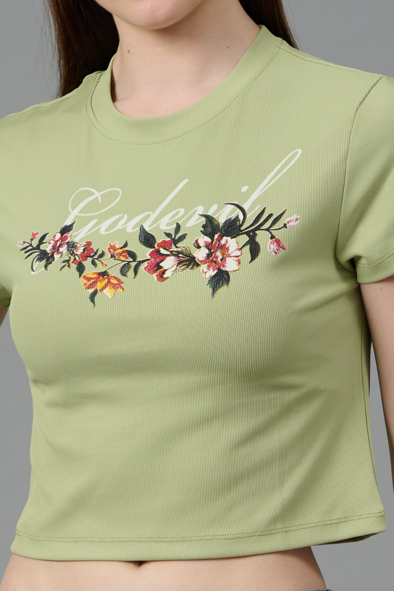 Go Devil with Flower Printed Green Crop top for Women