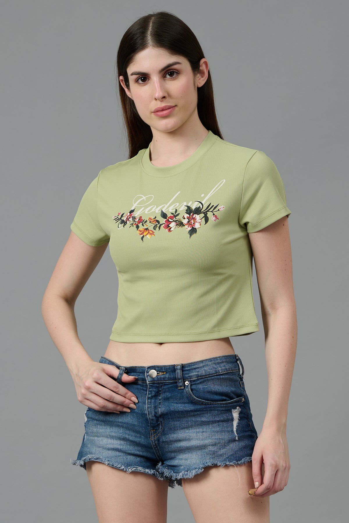 Go Devil with Flower Printed Green Crop top for Women