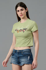 Go Devil with Flower Printed Green Crop top for Women