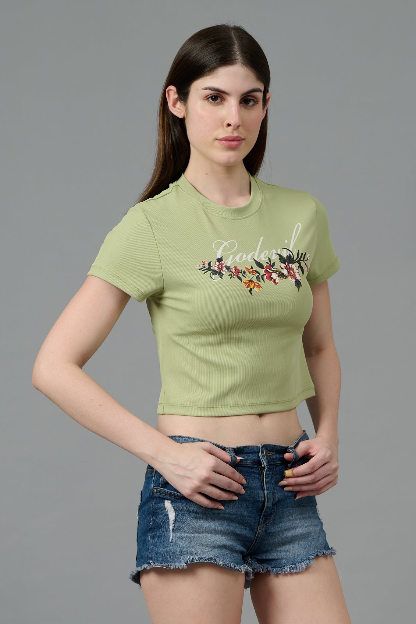 Go Devil with Flower Printed Green Crop top for Women