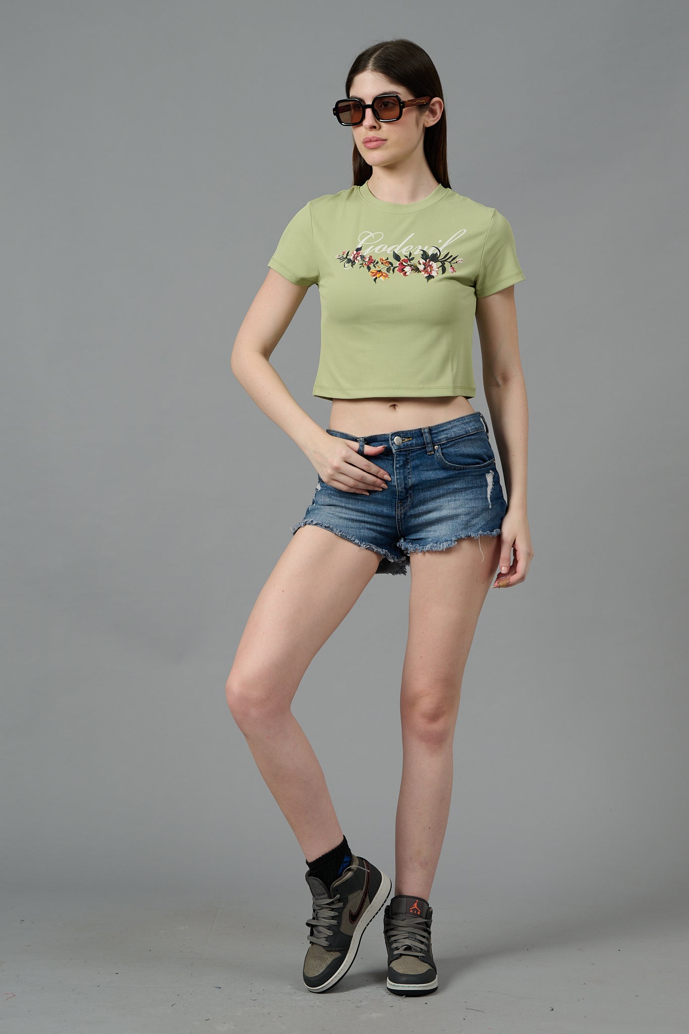 Go Devil with Flower Printed Green Crop top for Women