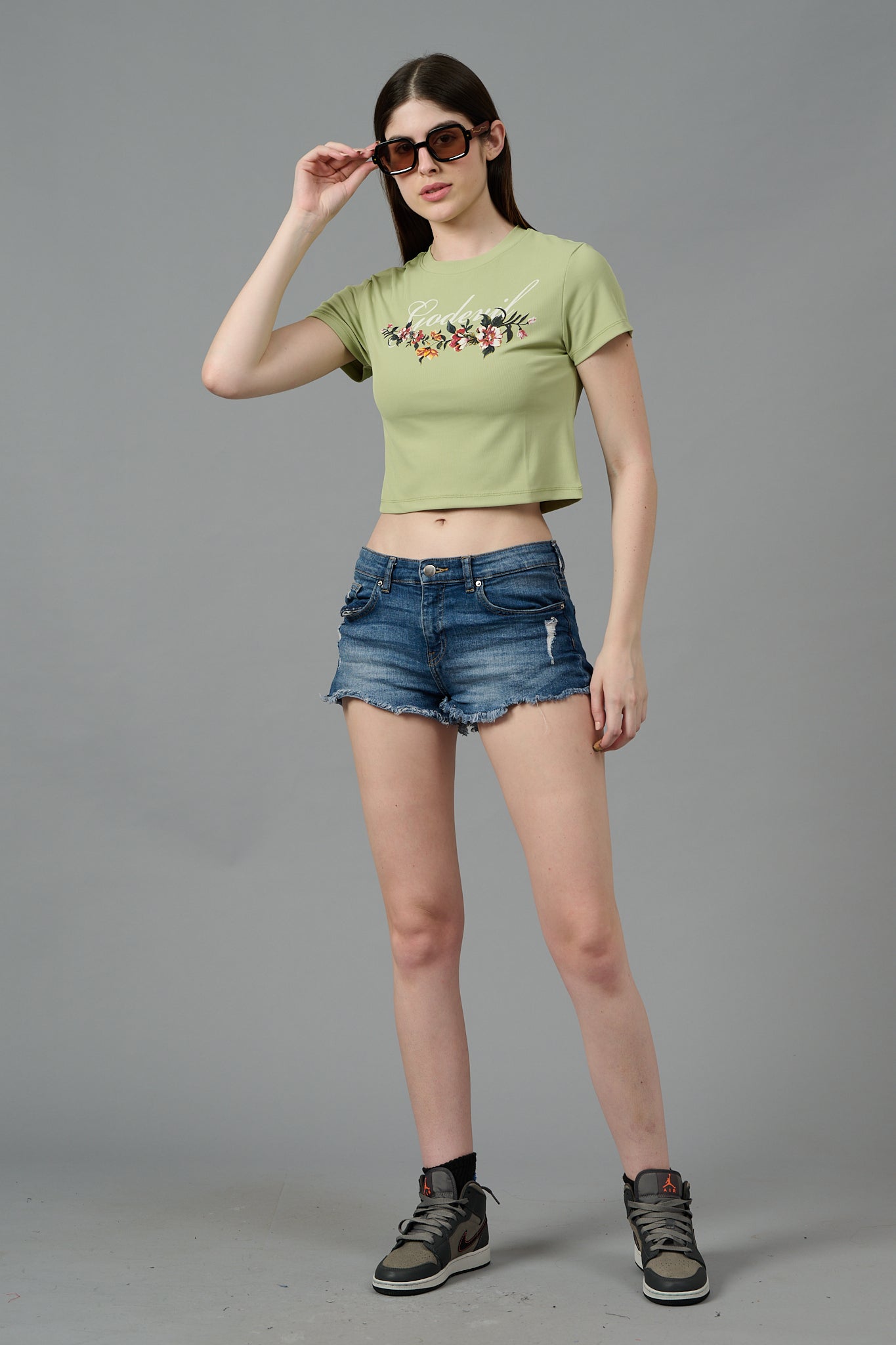 Go Devil with Flower Printed Green Crop top for Women