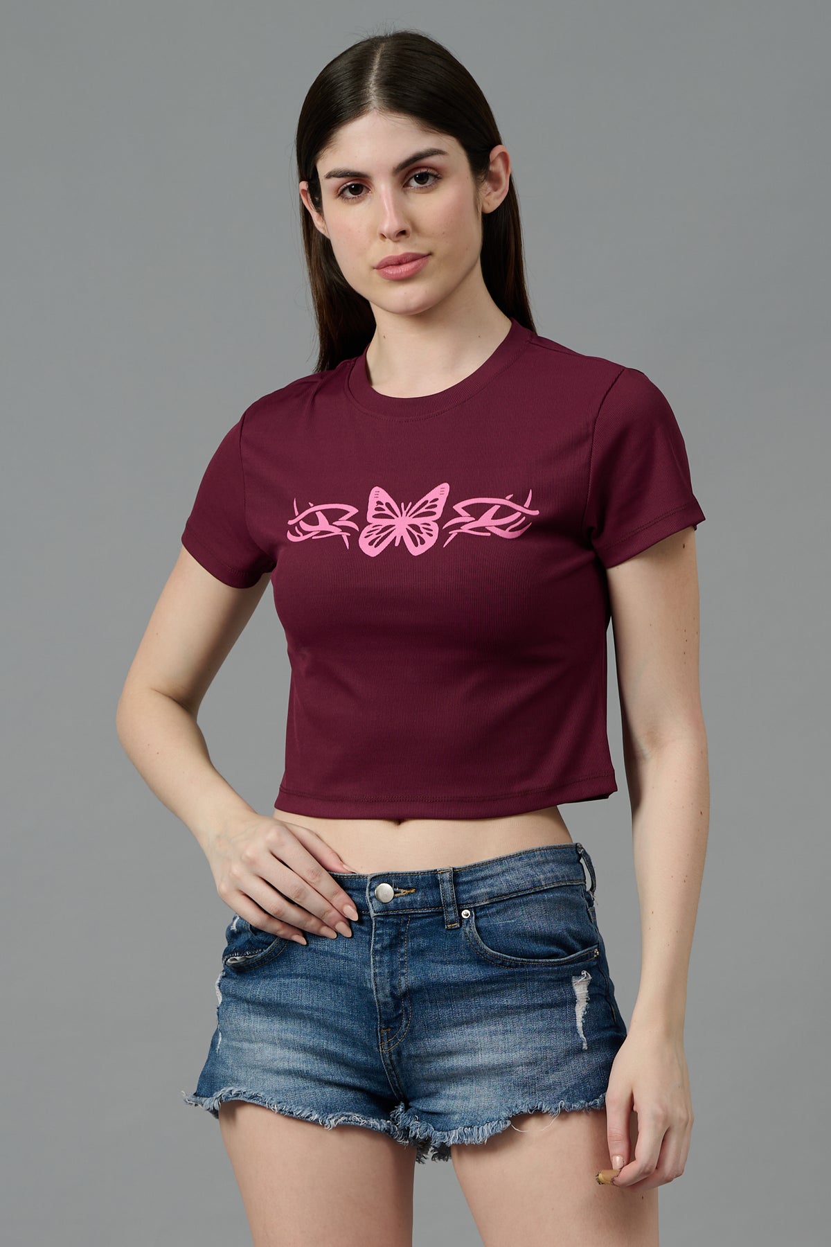 Butterfly Printed Wine Color Crop top for Women