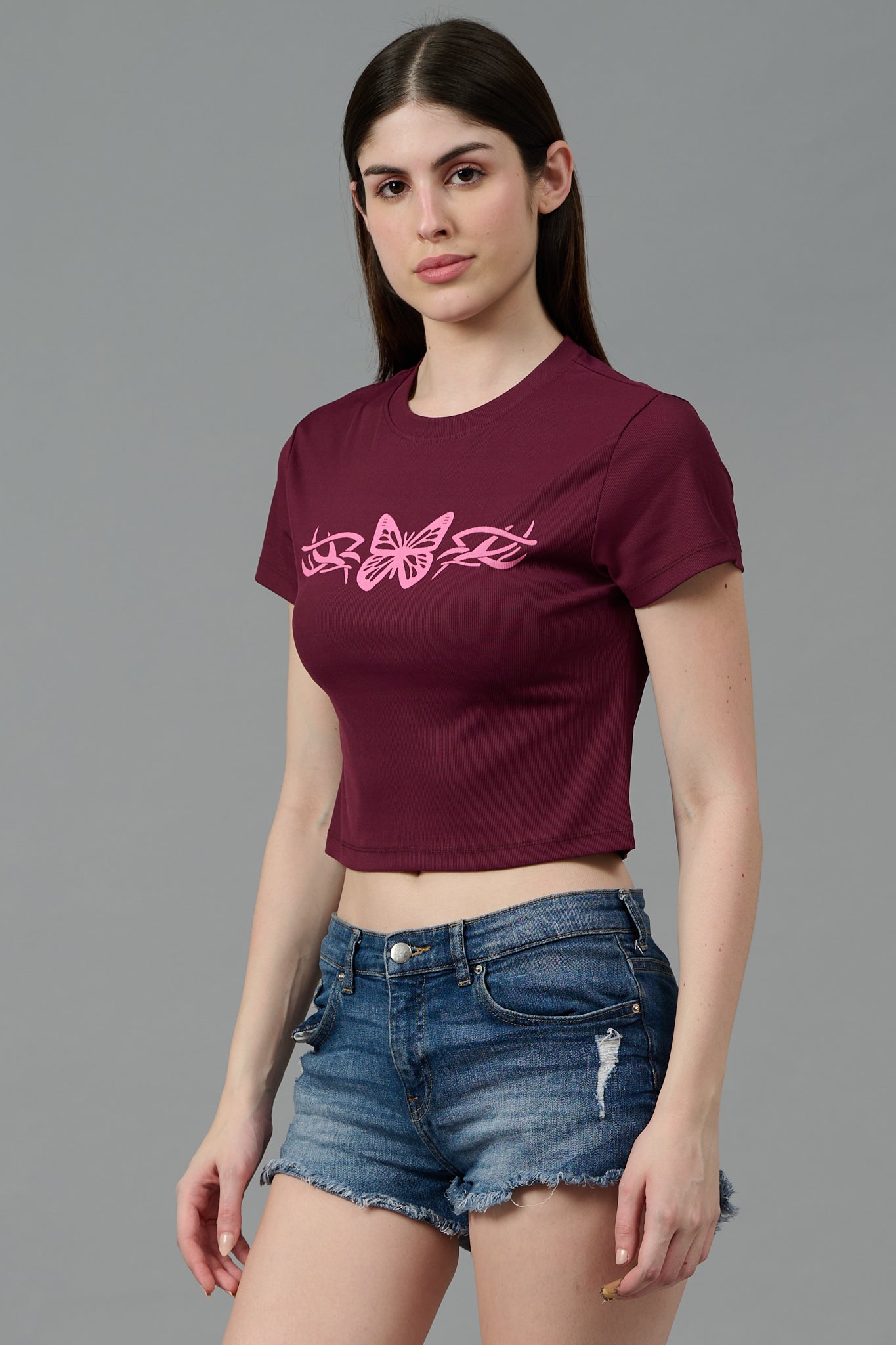 Butterfly Printed Wine Color Crop top for Women