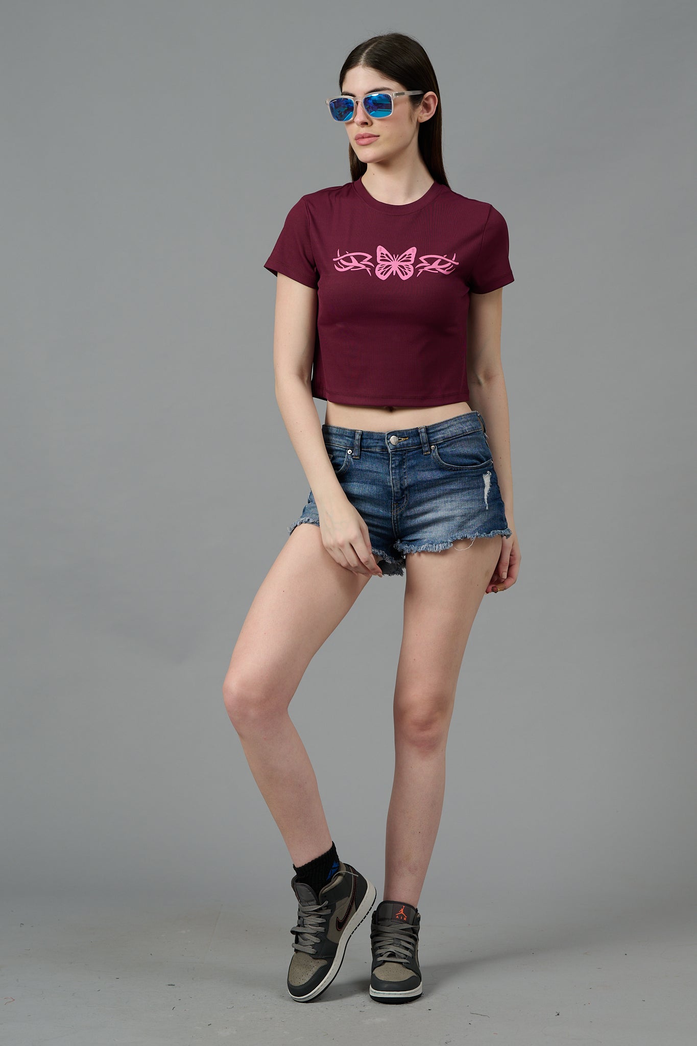 Butterfly Printed Wine Color Crop top for Women