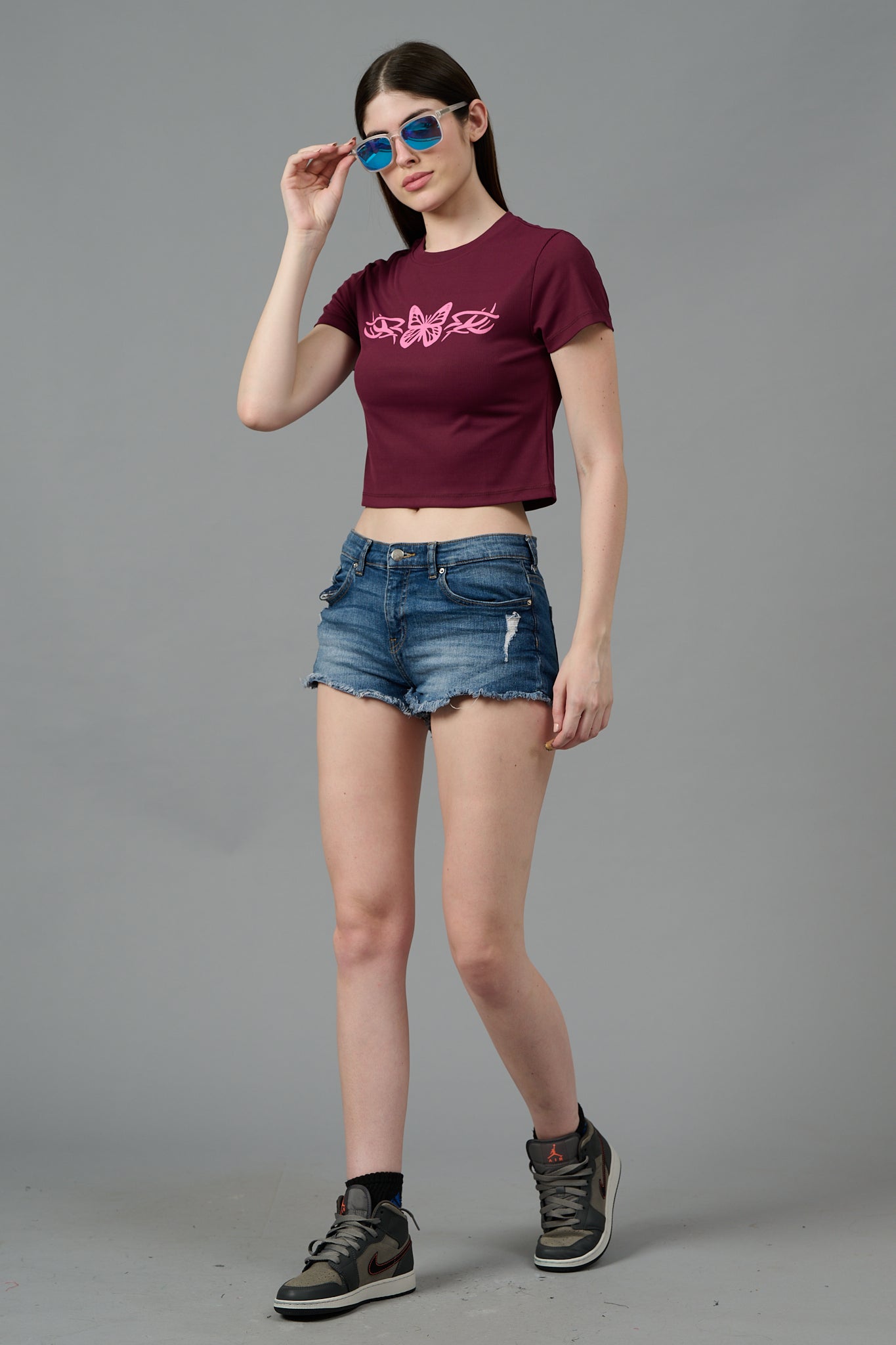 Butterfly Printed Wine Color Crop top for Women