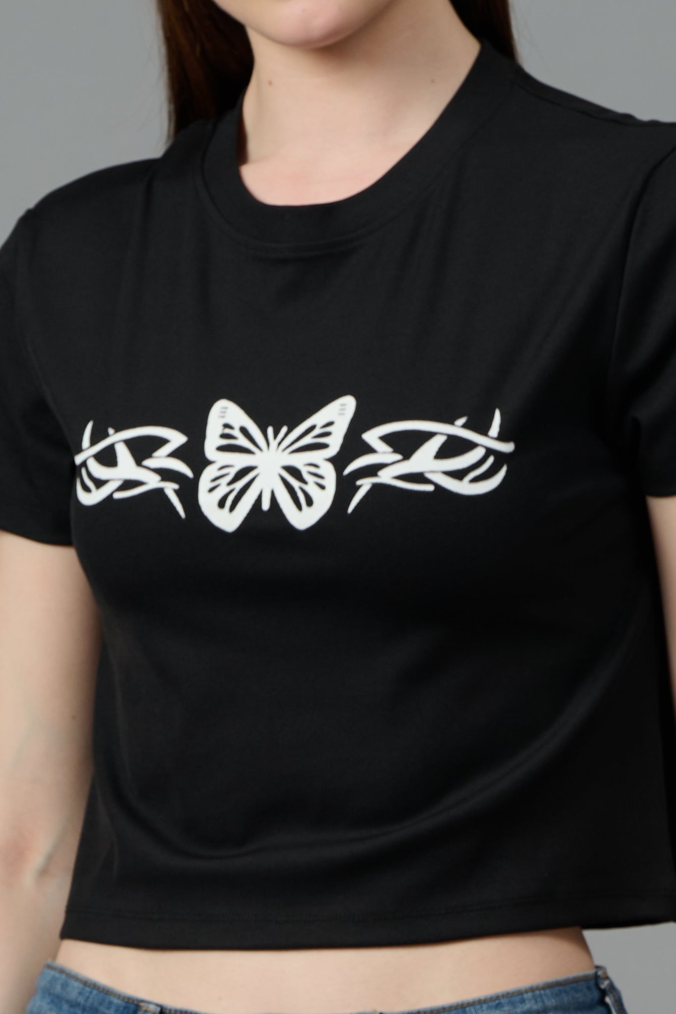 Butterfly Printed Black Crop top for Women