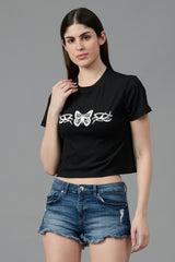 Butterfly Printed Black Crop top for Women