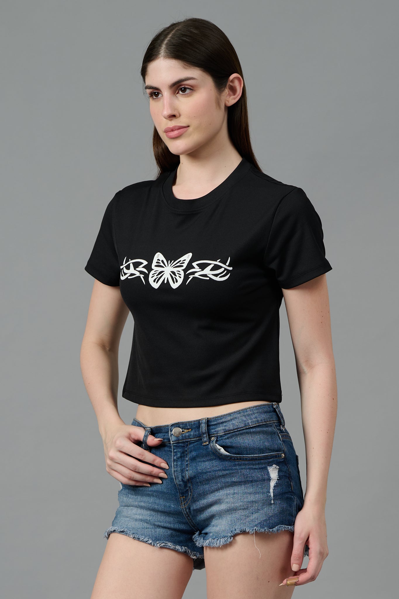 Butterfly Printed Black Crop top for Women