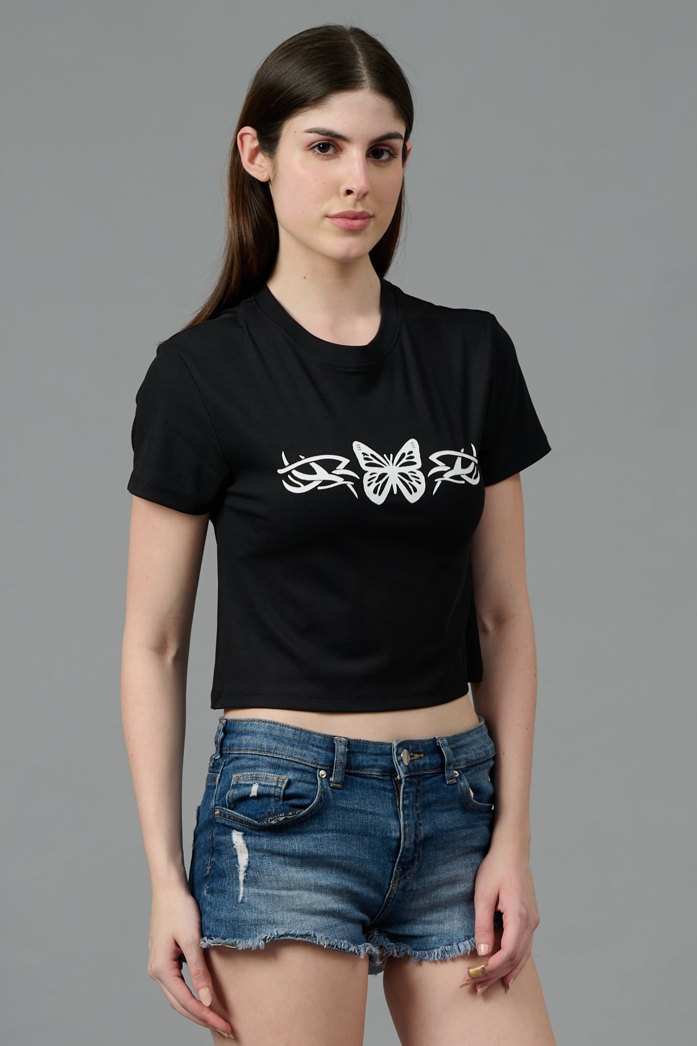 Butterfly Printed Black Crop top for Women