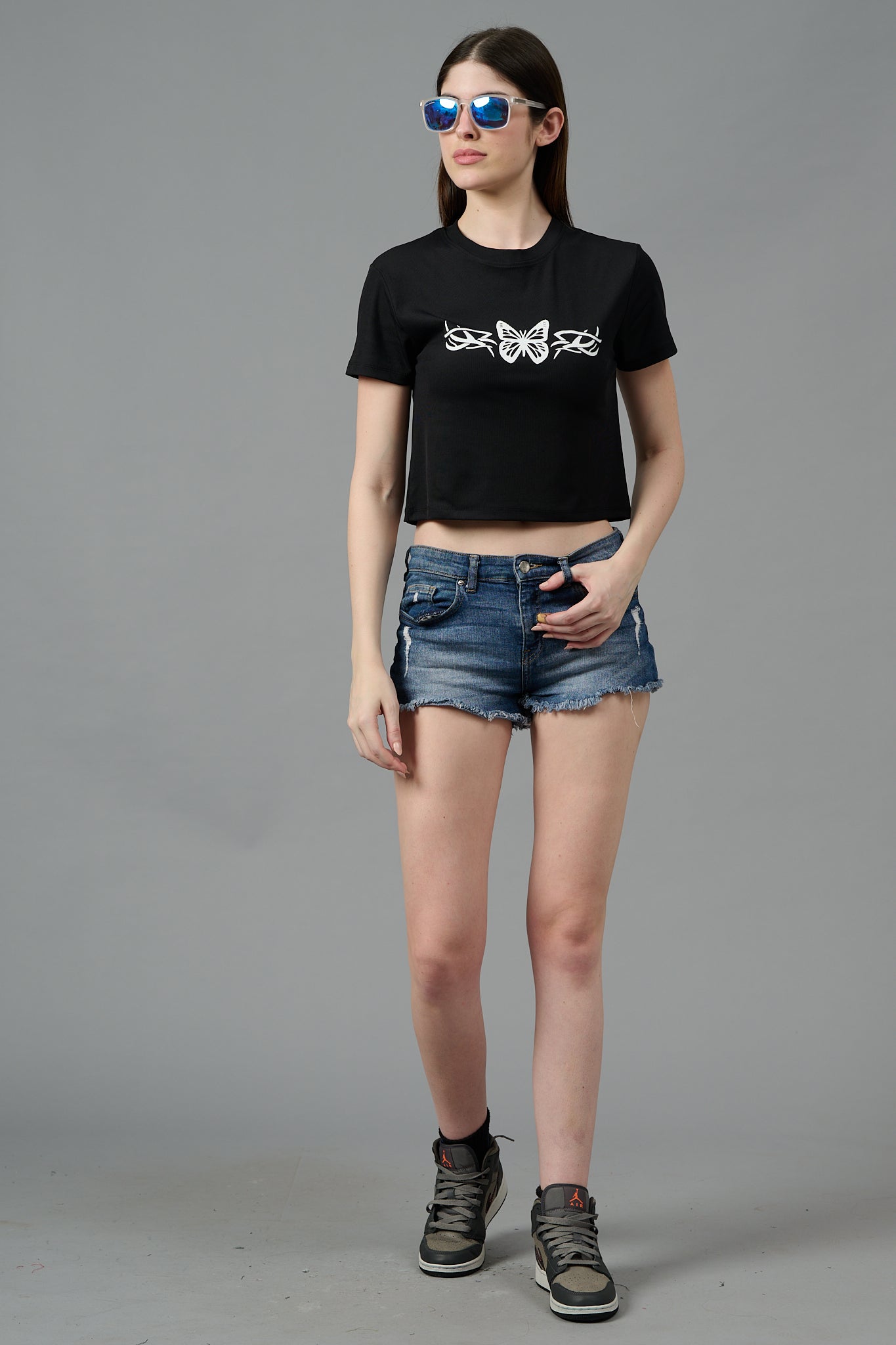 Butterfly Printed Black Crop top for Women