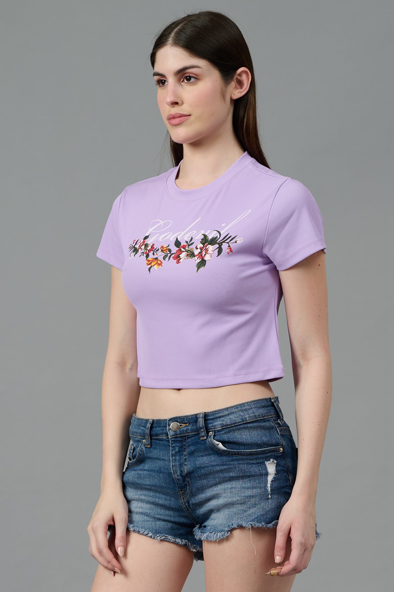 Go Devil with Flower Printed Purple Crop top for Women