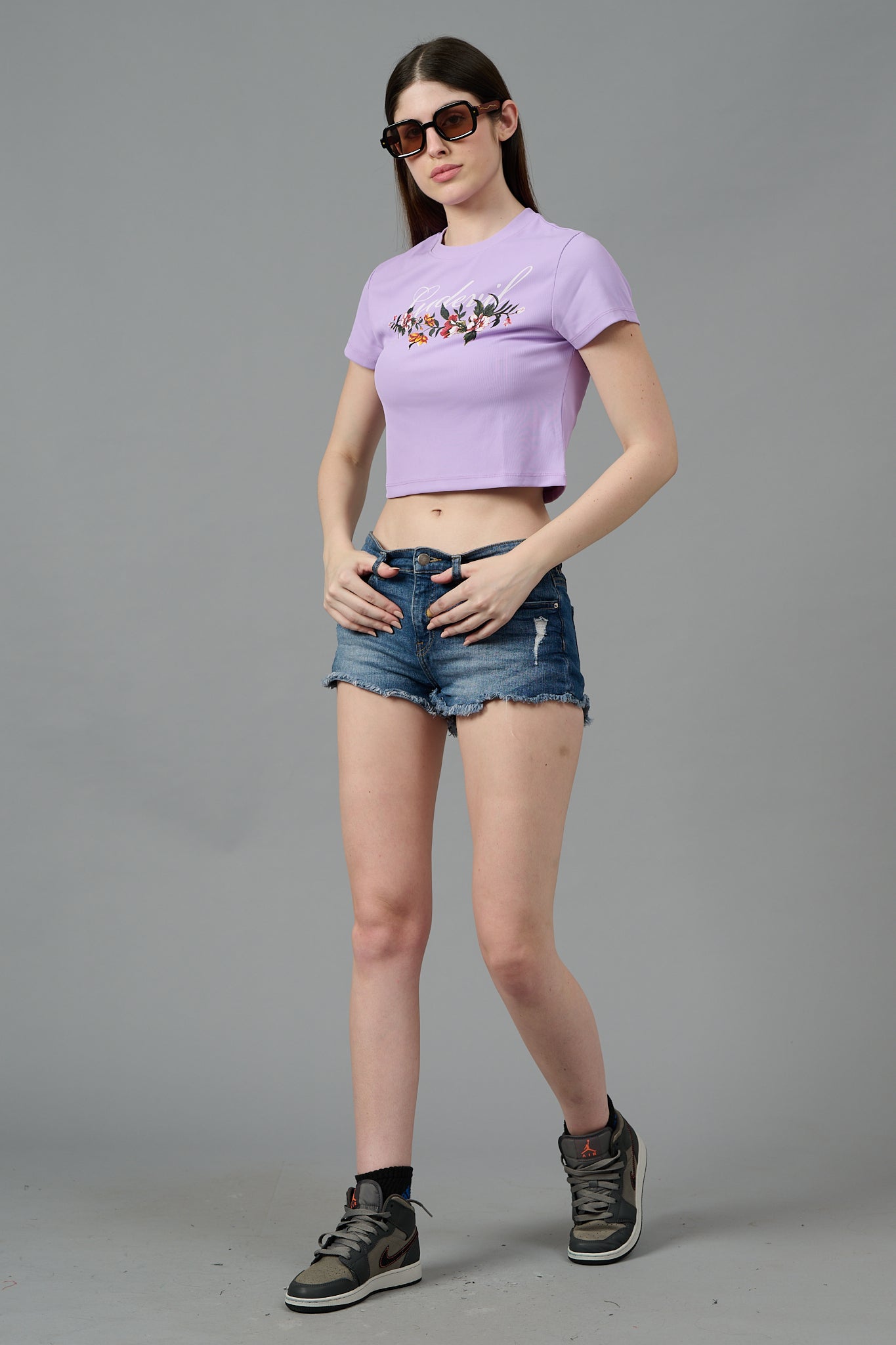 Go Devil with Flower Printed Purple Crop top for Women