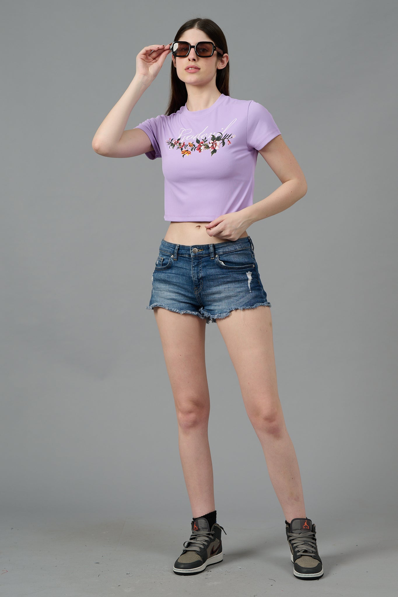 Go Devil with Flower Printed Purple Crop top for Women