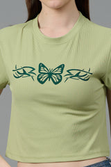 Butterfly Printed Green Crop top for Women